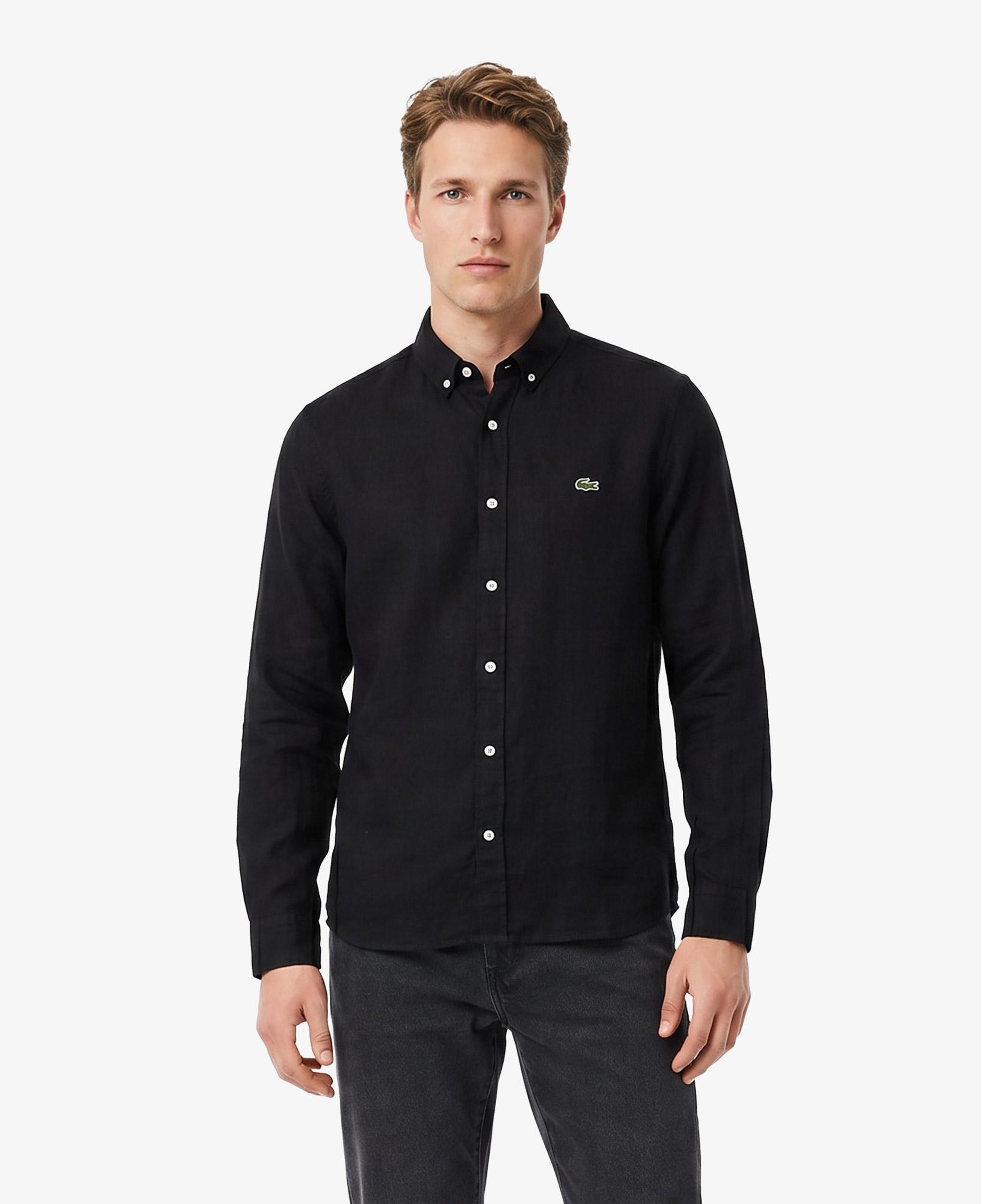 Lacoste Erkek Regular Fit Düğmeli Yaka Keten Siyah Gömlek