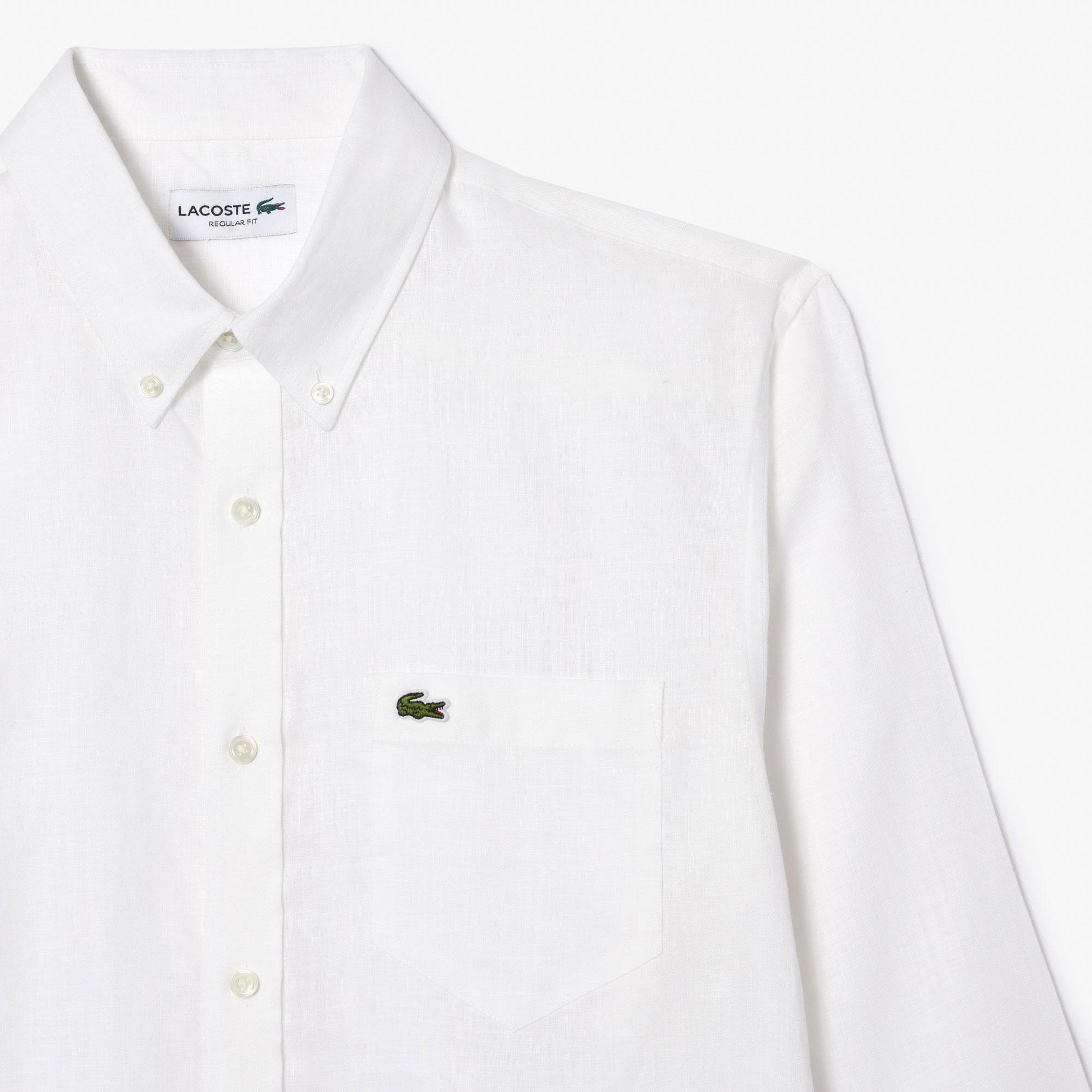 Lacoste Erkek Regular Fit Düğmeli Yaka Keten Beyaz Gömlek