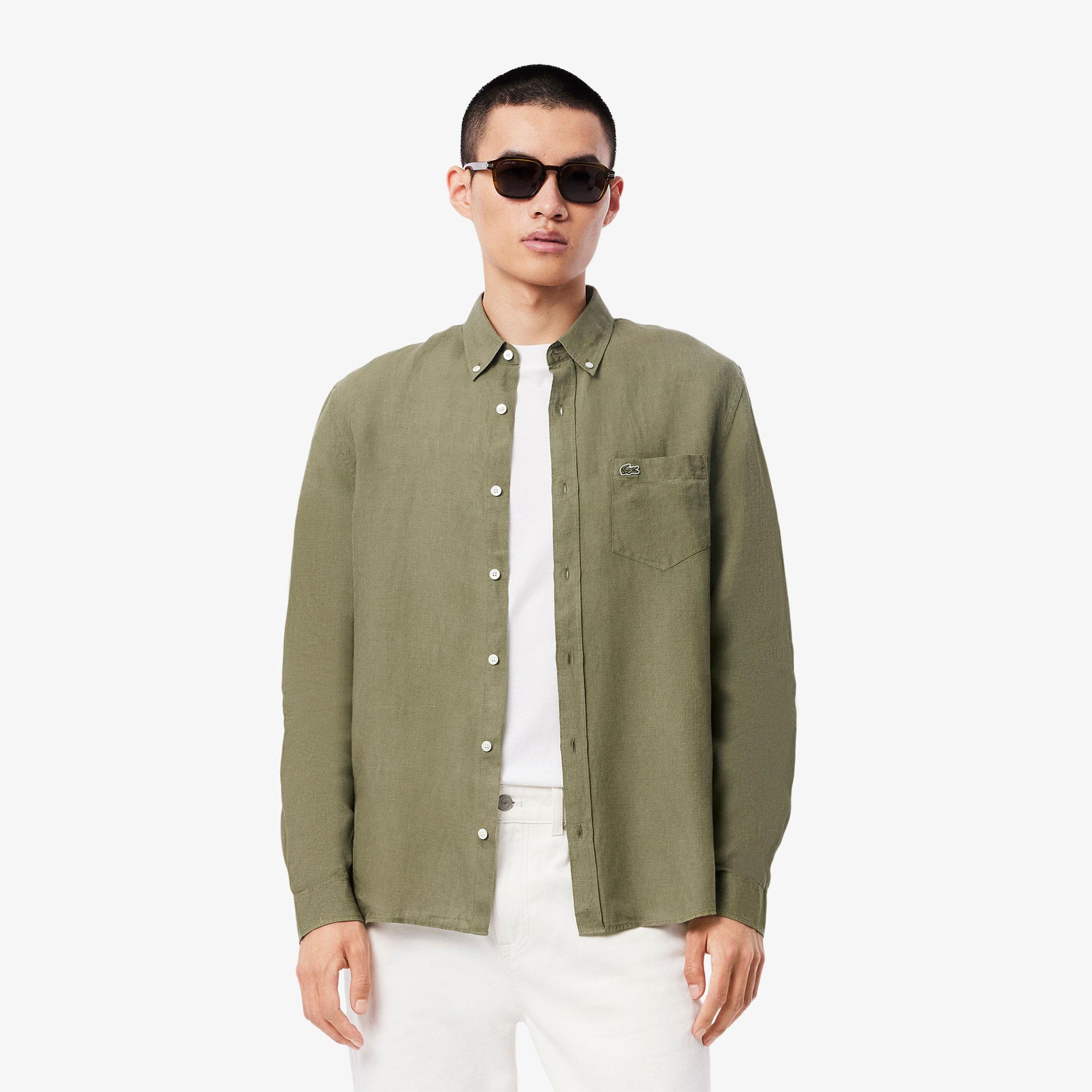 Lacoste Erkek Regular Fit Düğmeli Yaka Keten Haki Gömlek