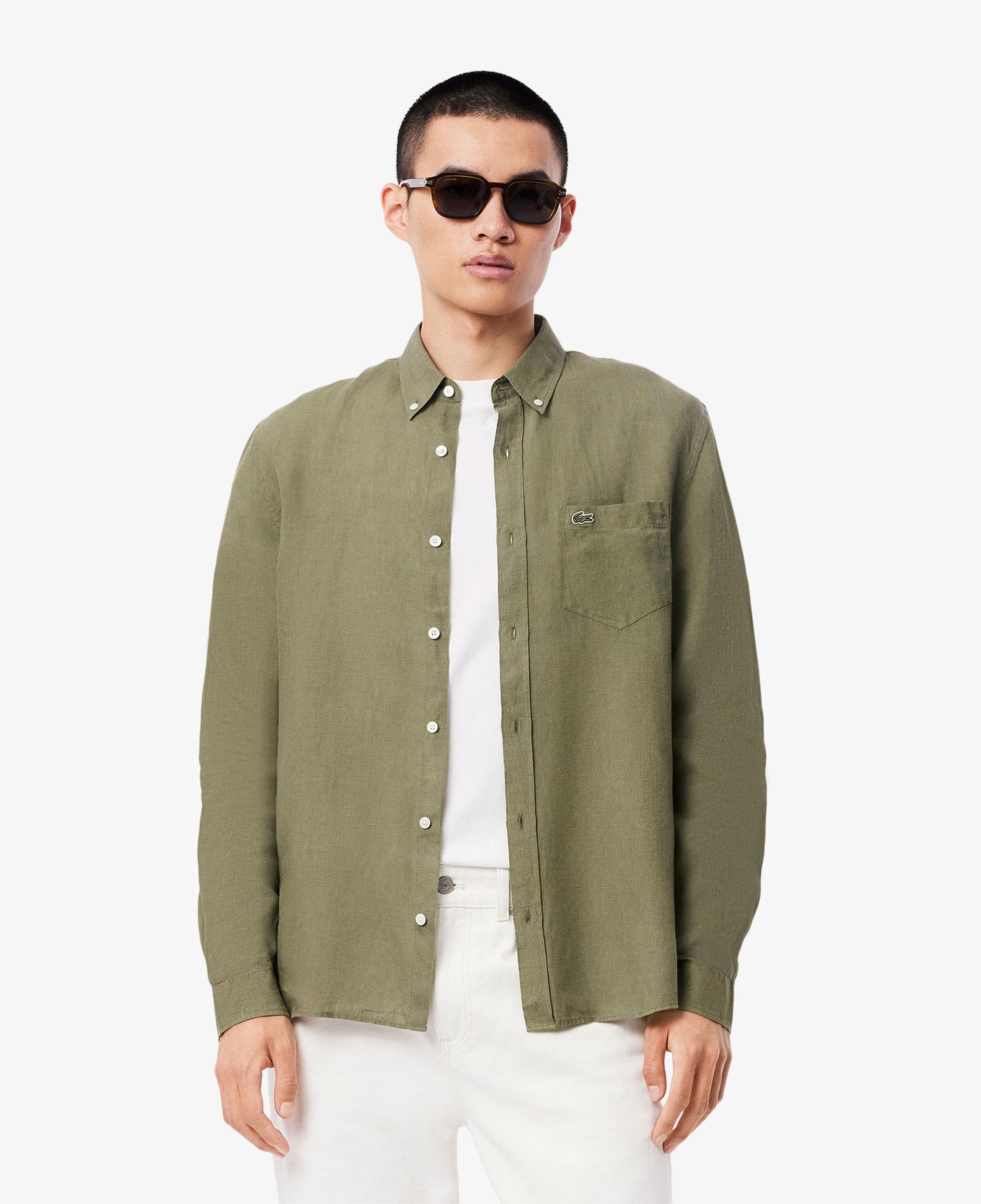 Lacoste Erkek Regular Fit Düğmeli Yaka Keten Haki Gömlek