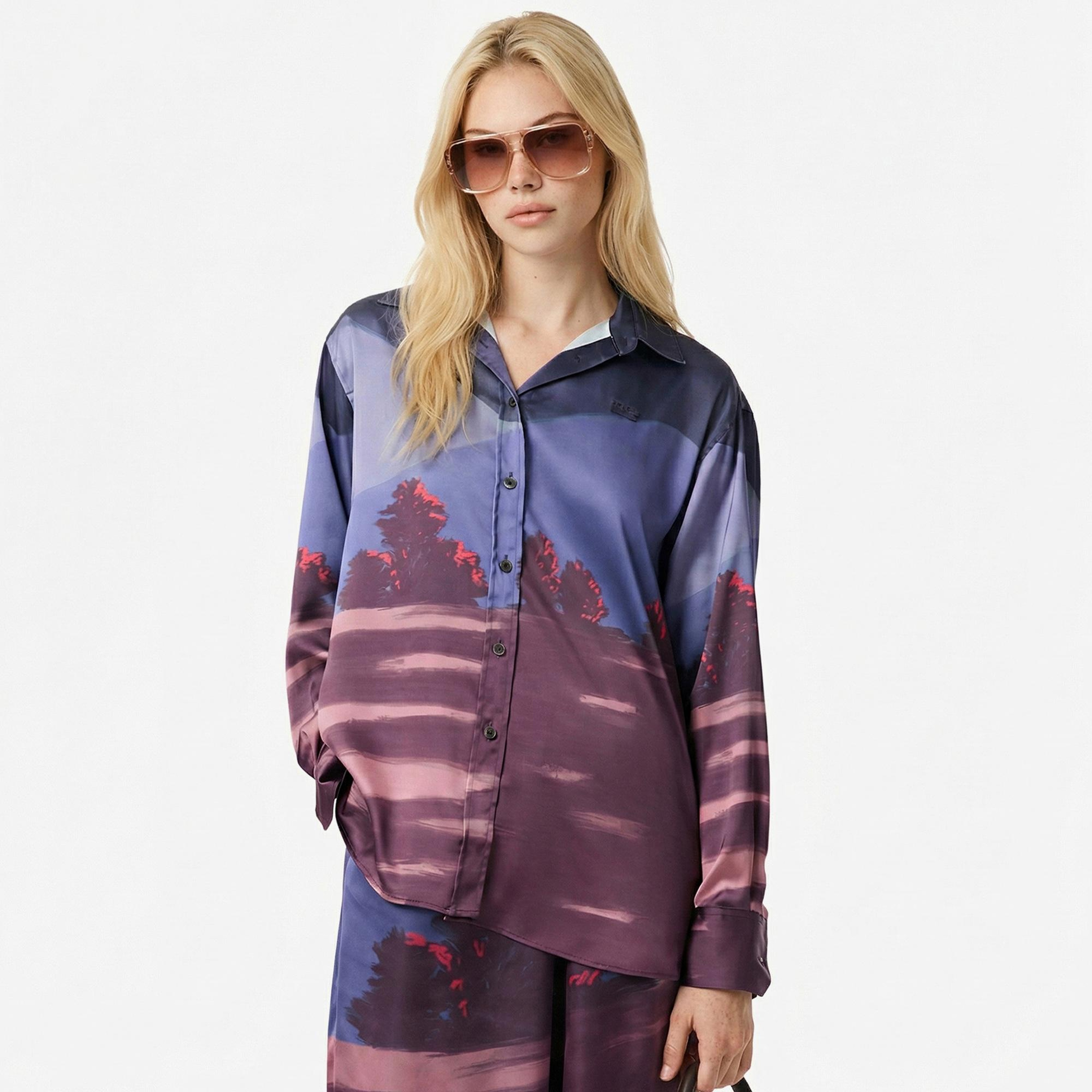 Lacoste Kadın Oversize Fit Baskılı Mor Saten Gömlek