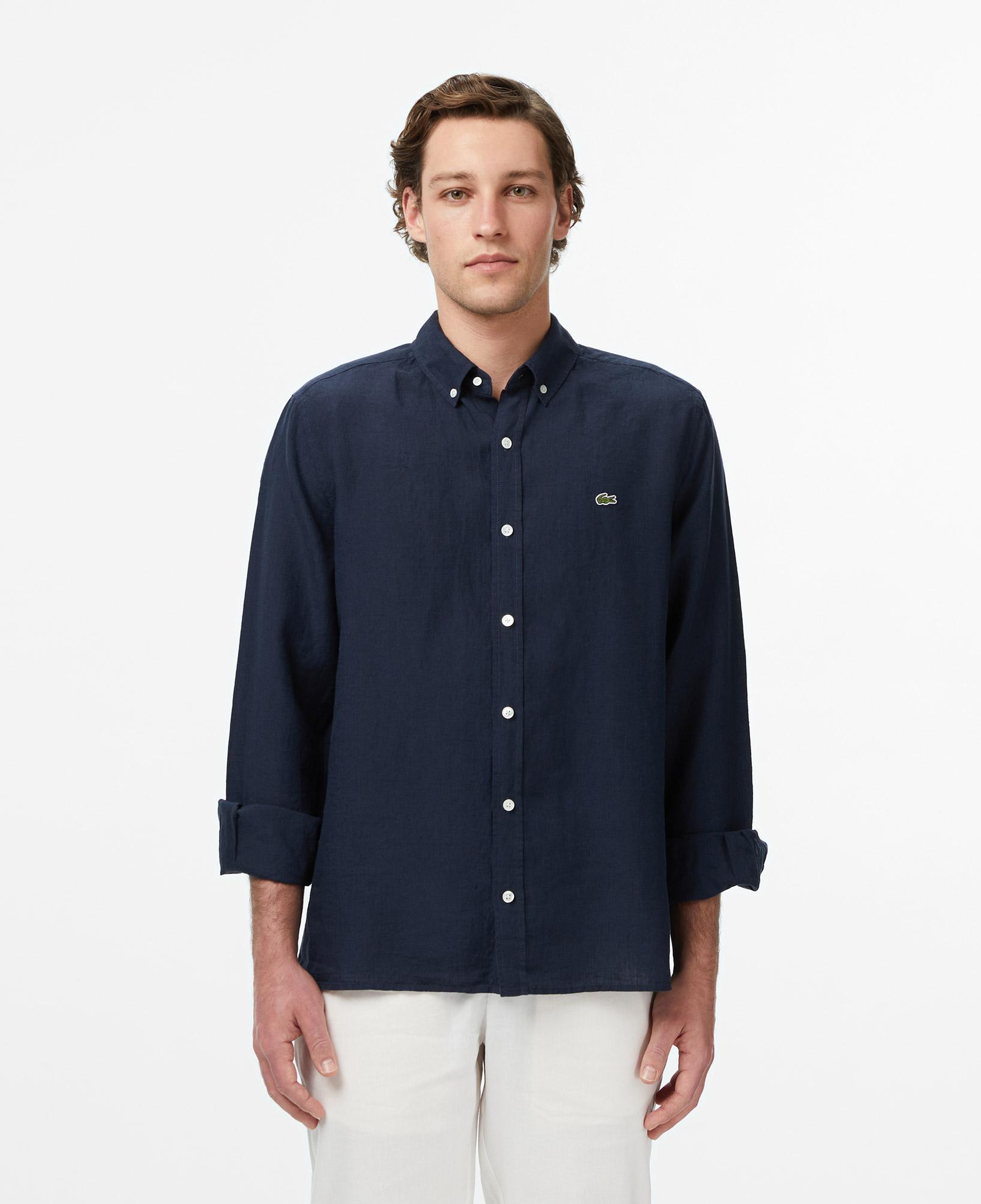 Lacoste Erkek Regular Fit Düğmeli Yaka Keten Lacivert Gömlek