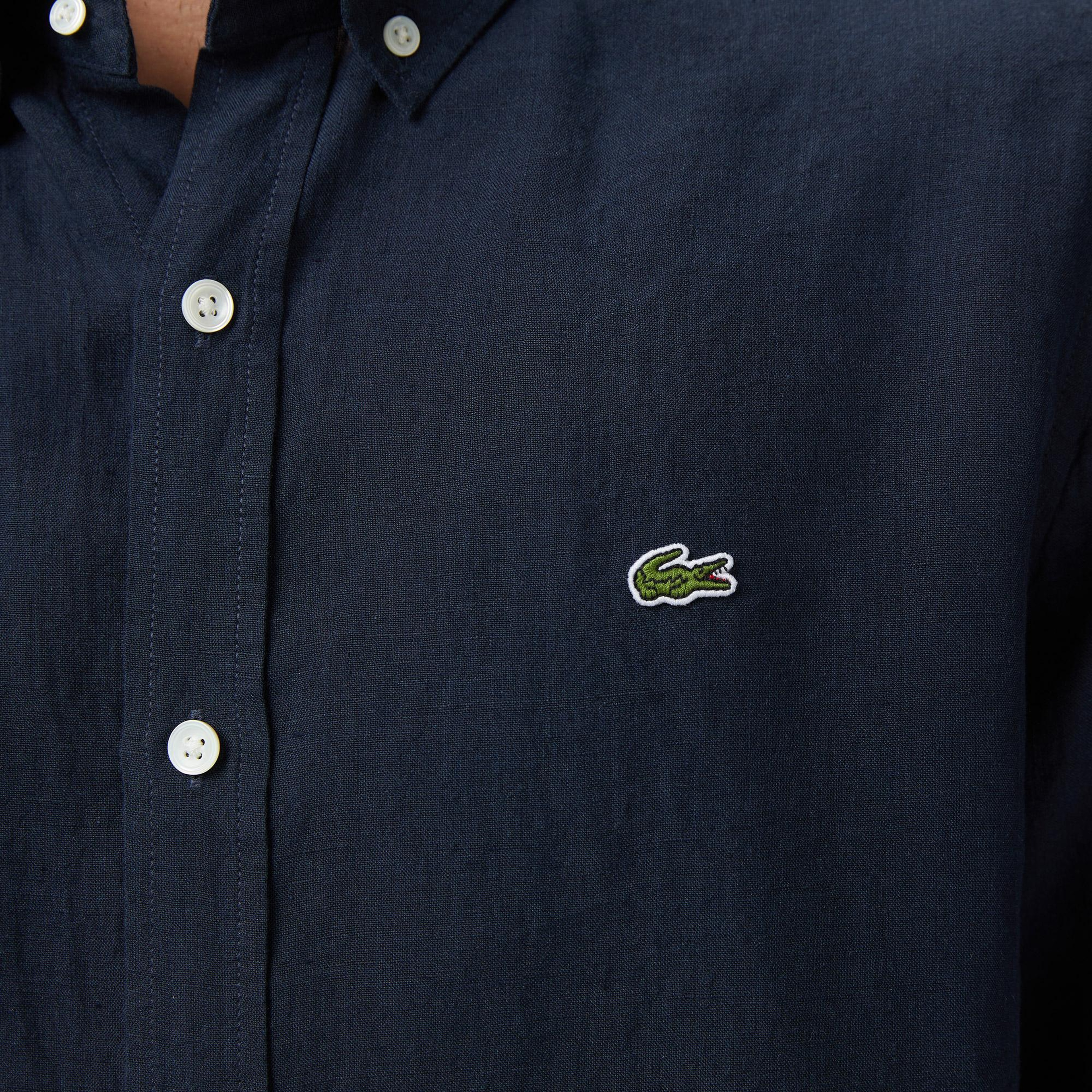 Lacoste Erkek Regular Fit Düğmeli Yaka Keten Lacivert Gömlek