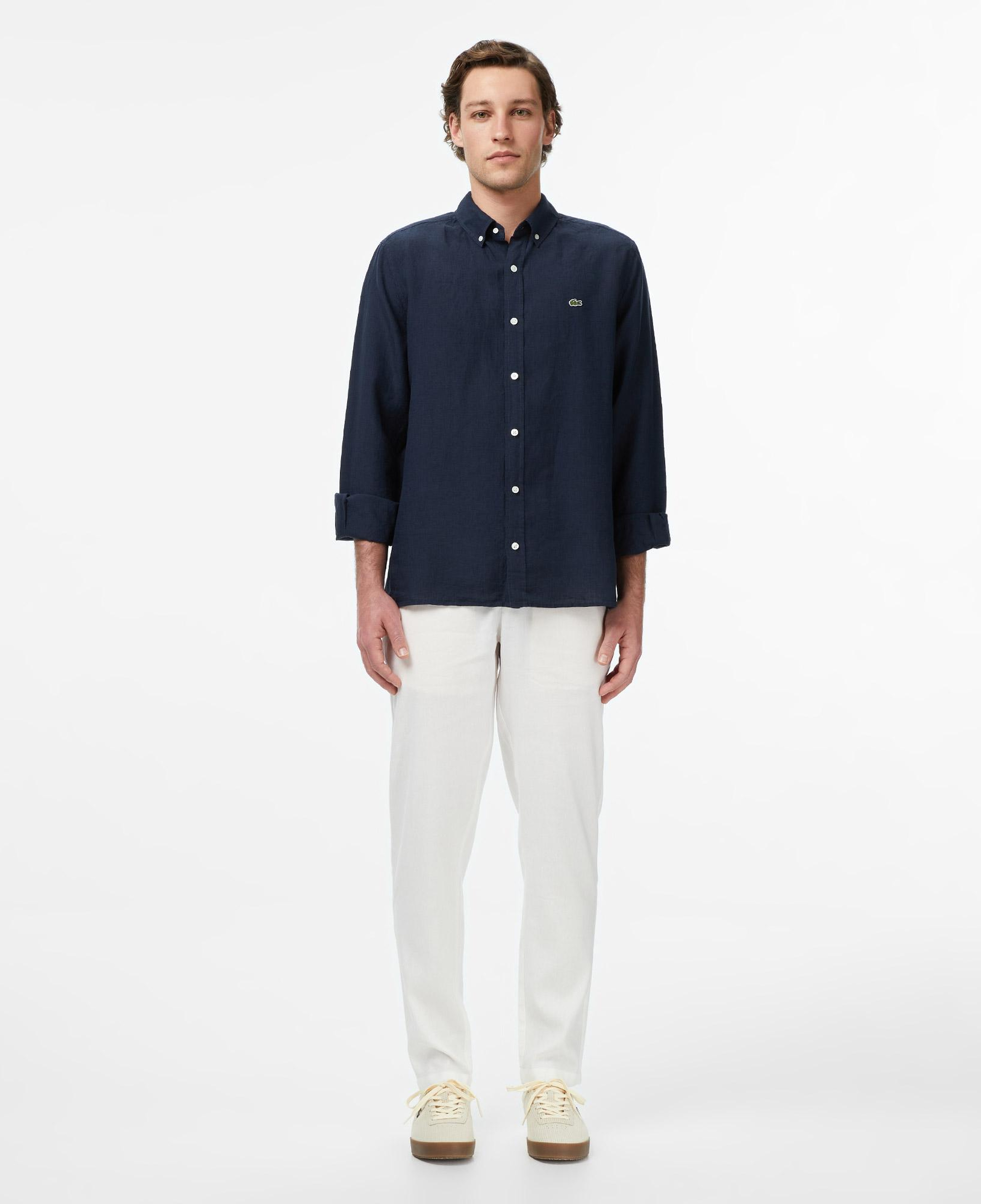 Lacoste Erkek Regular Fit Düğmeli Yaka Keten Lacivert Gömlek