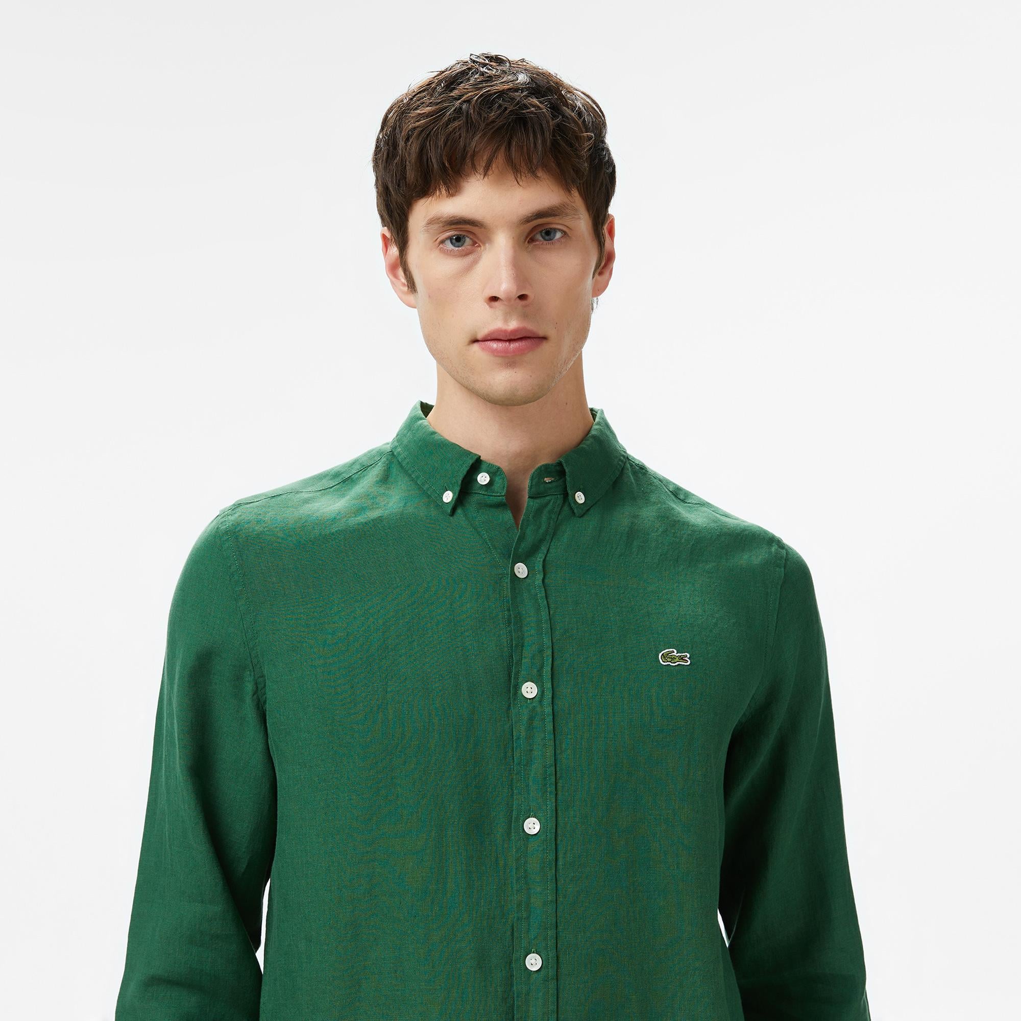 Lacoste Erkek Regular Fit Düğmeli Yaka Keten Koyu Yeşil Gömlek