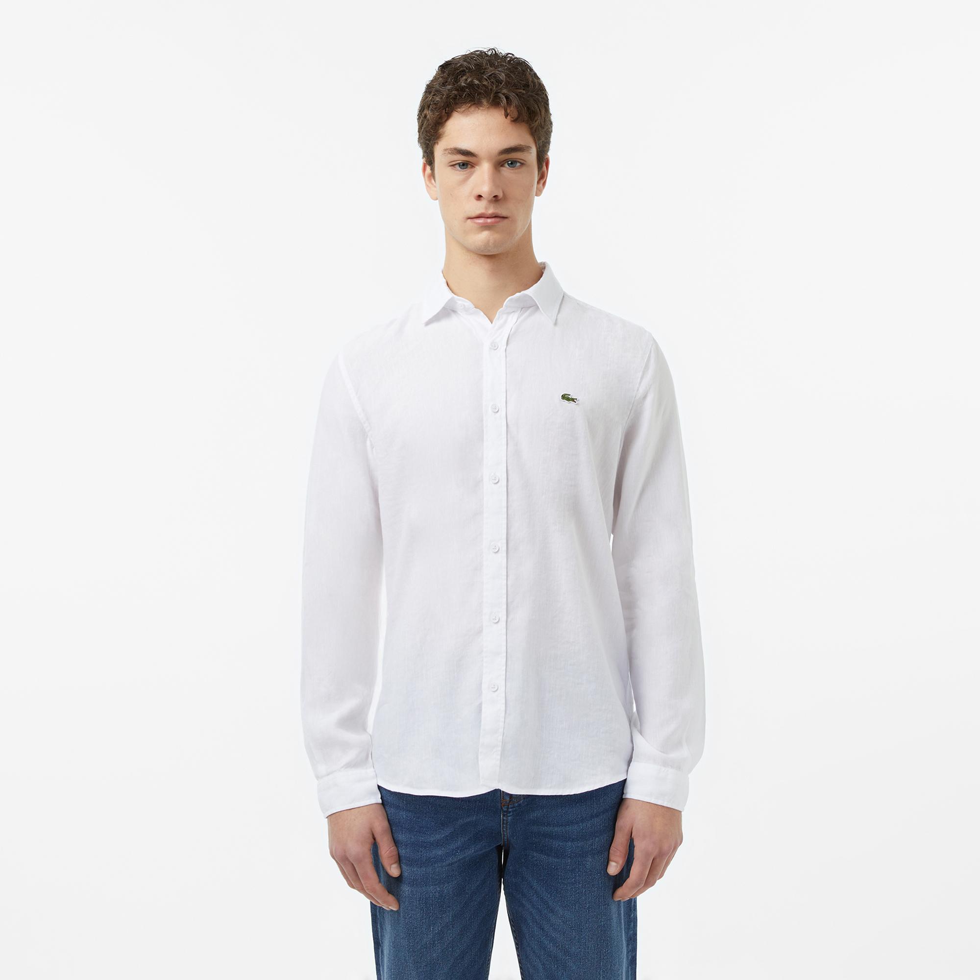Lacoste Erkek Slim Fit Keten Beyaz Gömlek