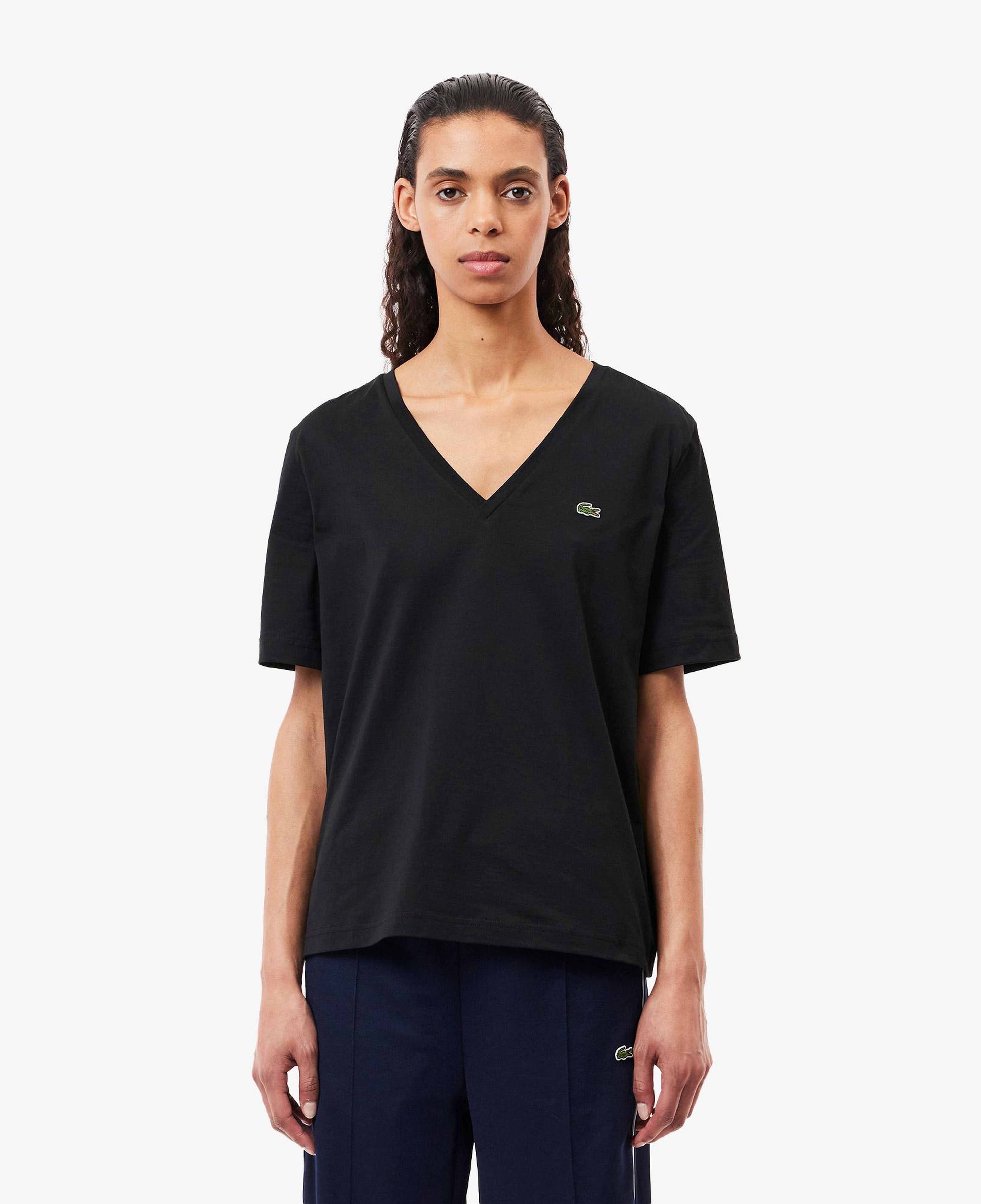 Lacoste Kadın Relaxed Fit V Yaka Siyah T-Shirt
