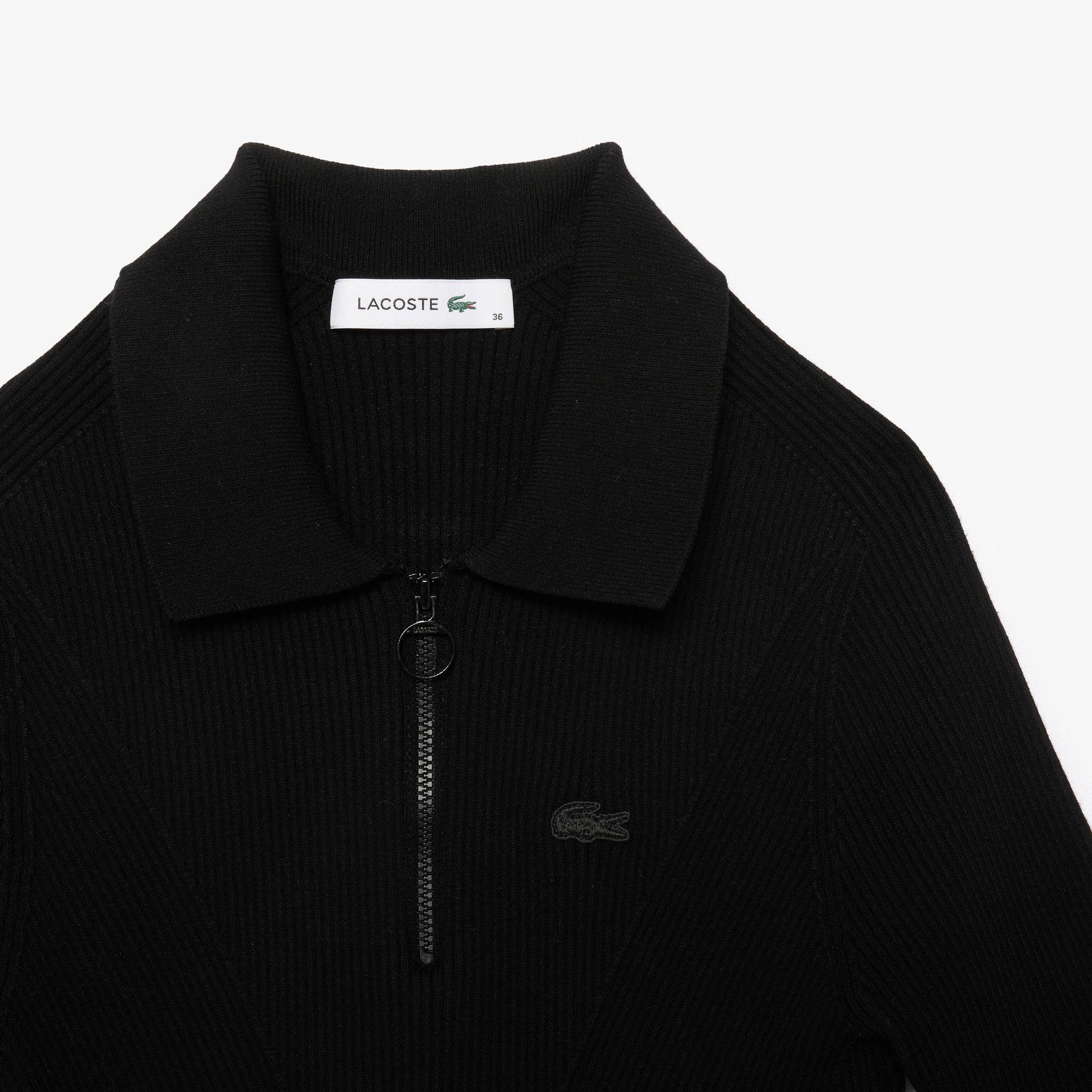 Lacoste Kadın Slim Fit Kısa Kollu Yarım Fermuarlı Siyah Triko