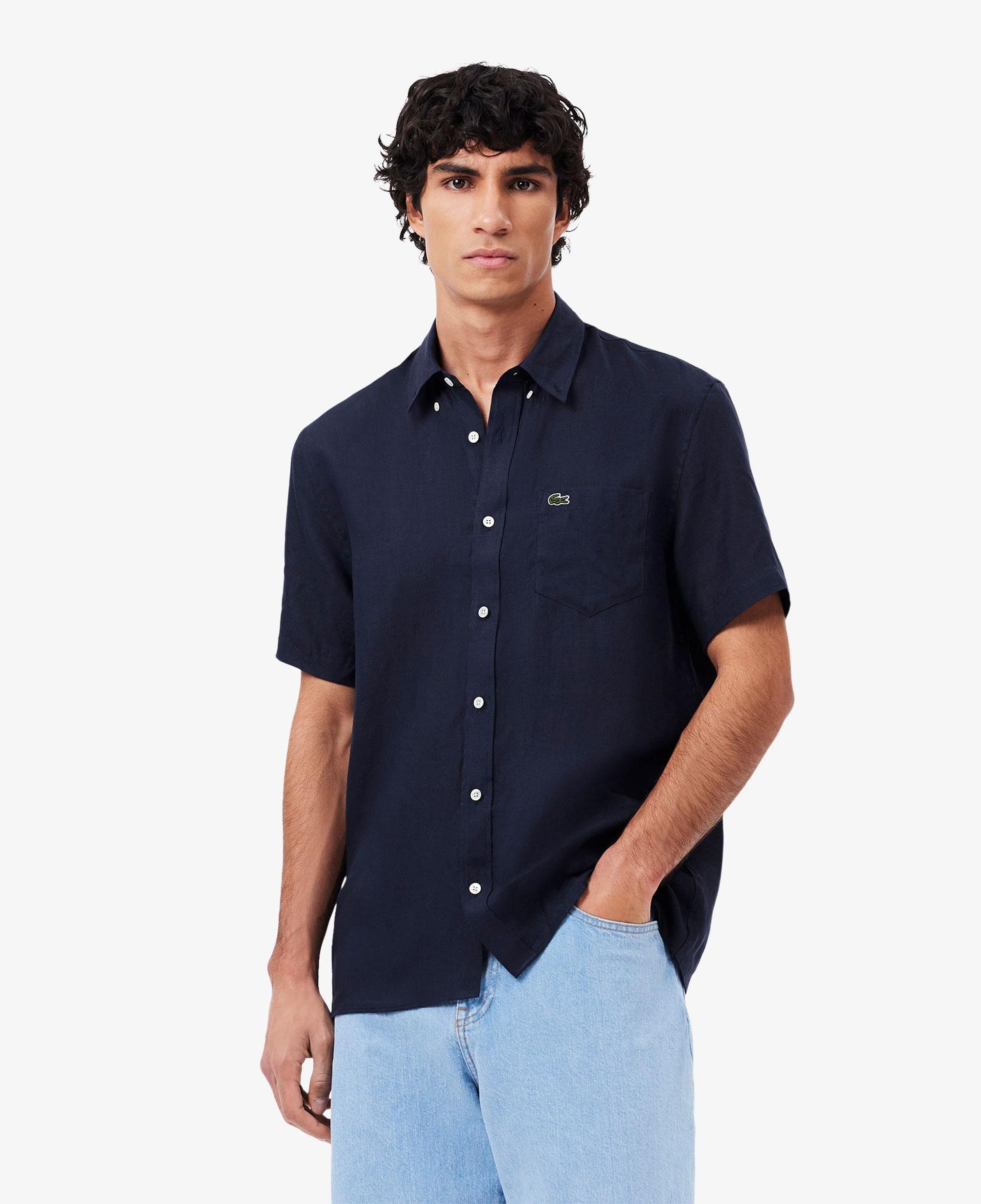 Lacoste Erkek Regular Fit Kısa Kollu Düğmeli Yaka Keten Lacivert Gömlek