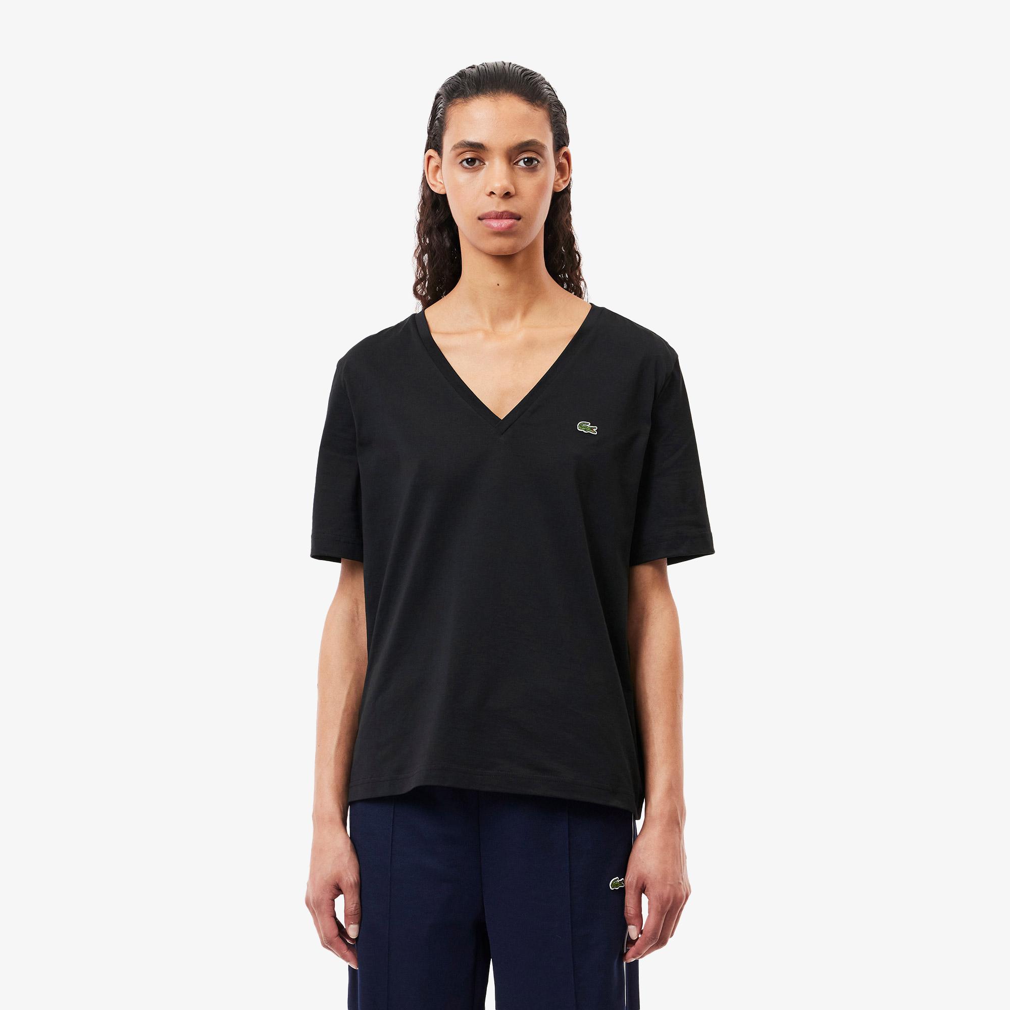 Lacoste Kadın Relaxed Fit V Yaka Siyah T-Shirt