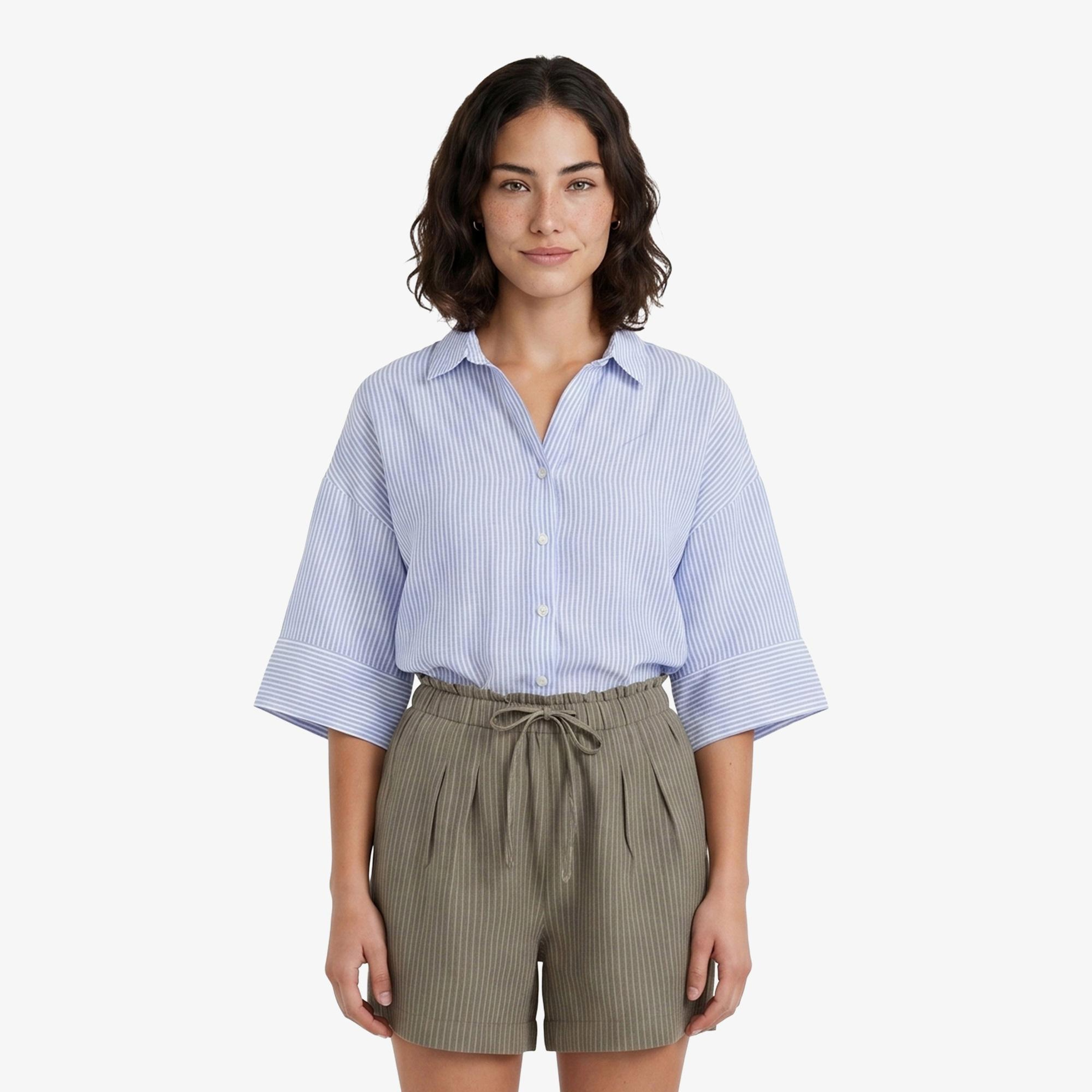 Nautica Kadın Mavi Regular Fit Kısa Kollu Çizgili Keten Gömlek