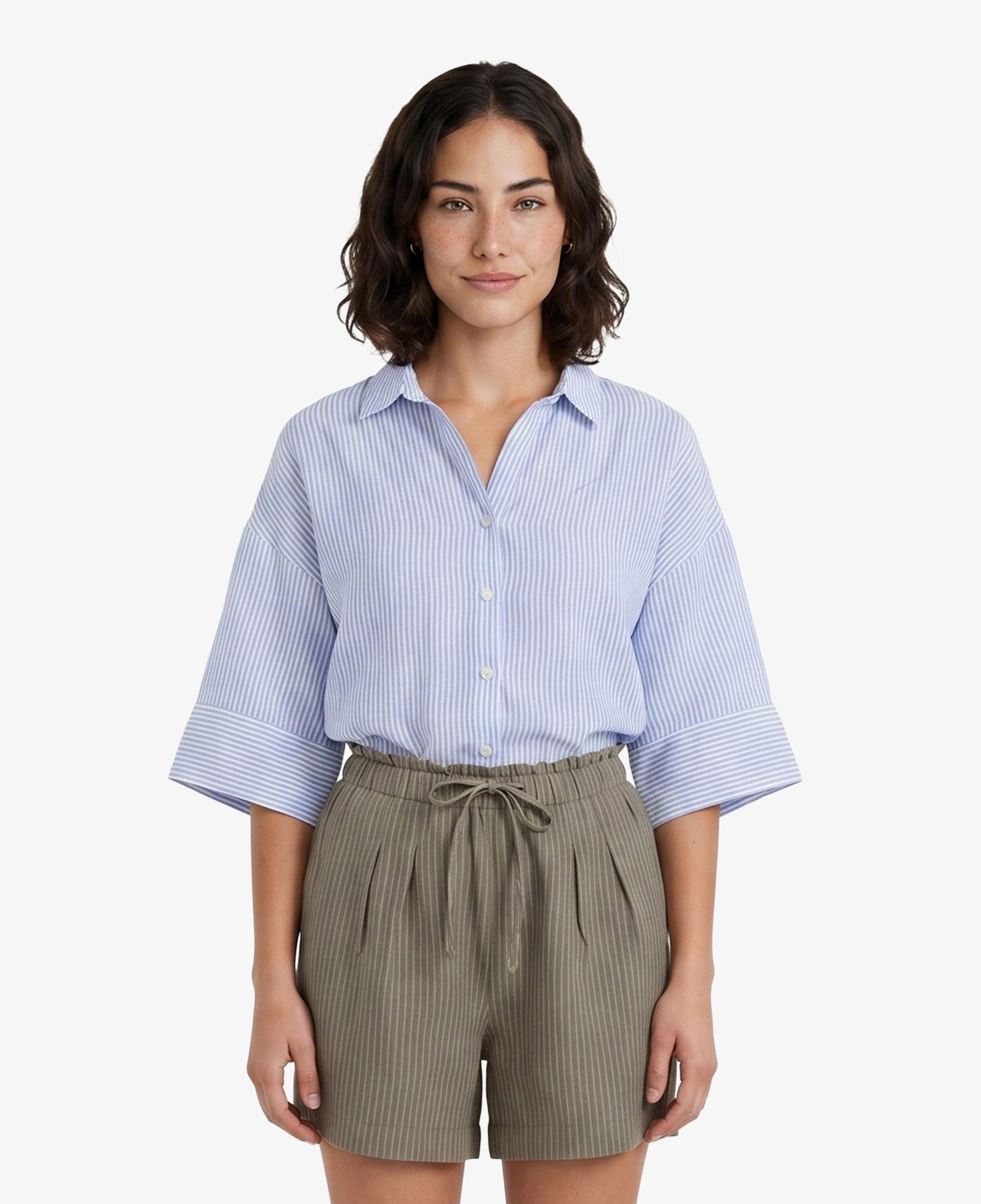 Nautica Kadın Mavi Regular Fit Kısa Kollu Çizgili Keten Gömlek