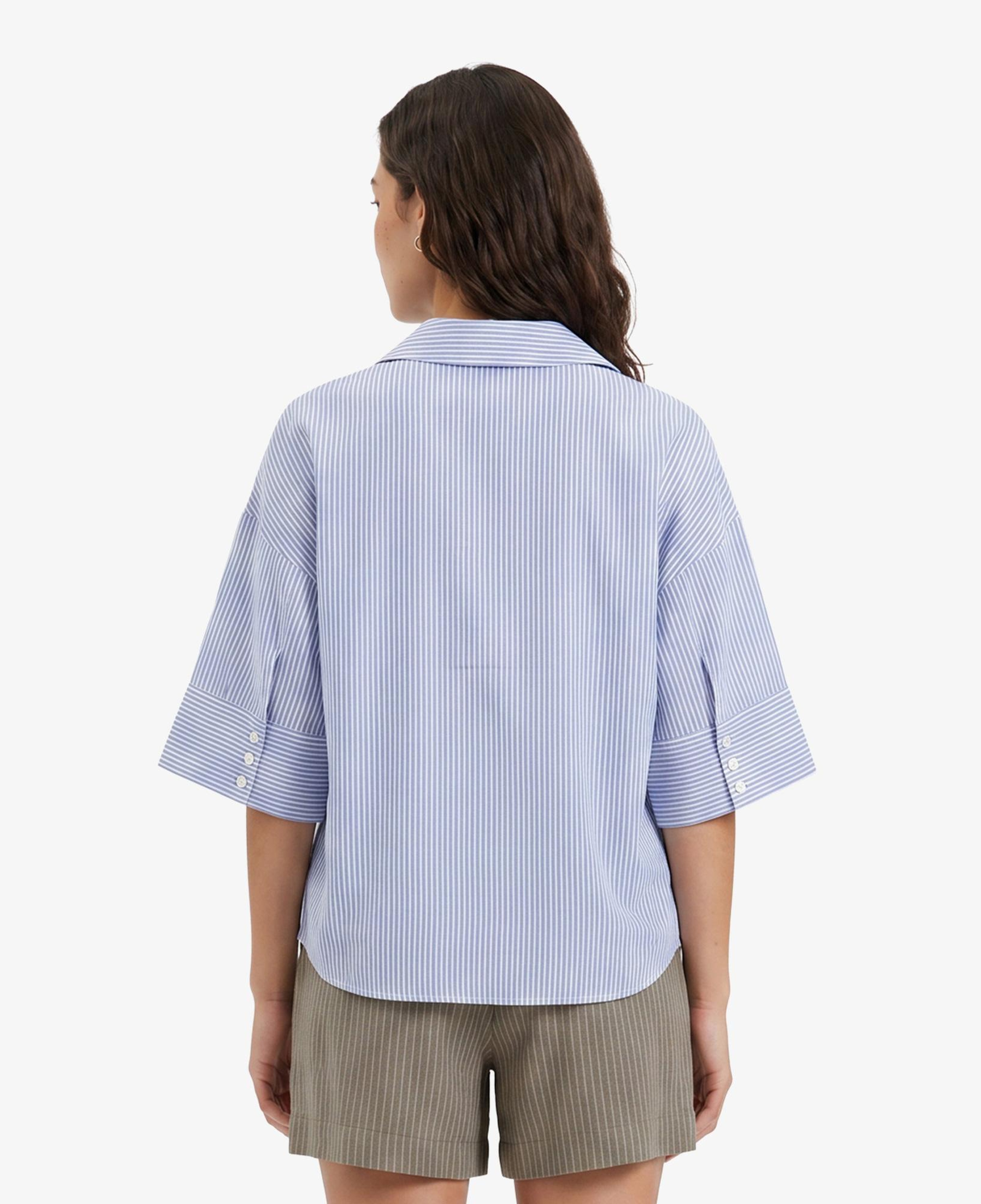 Nautica Kadın Mavi Regular Fit Kısa Kollu Çizgili Keten Gömlek