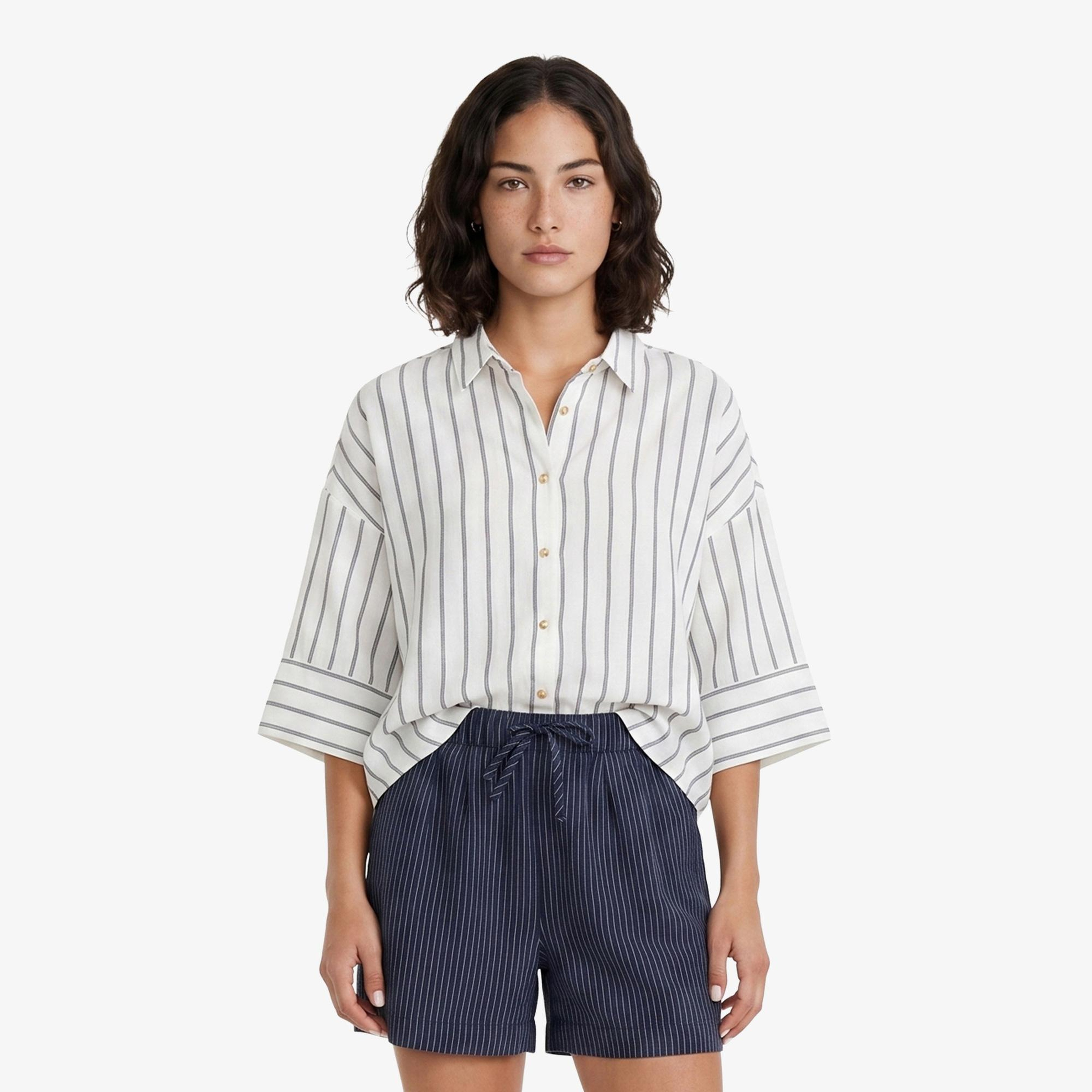 Nautica Kadın Beyaz Regular Fit Kısa Kollu Çizgili Gömlek