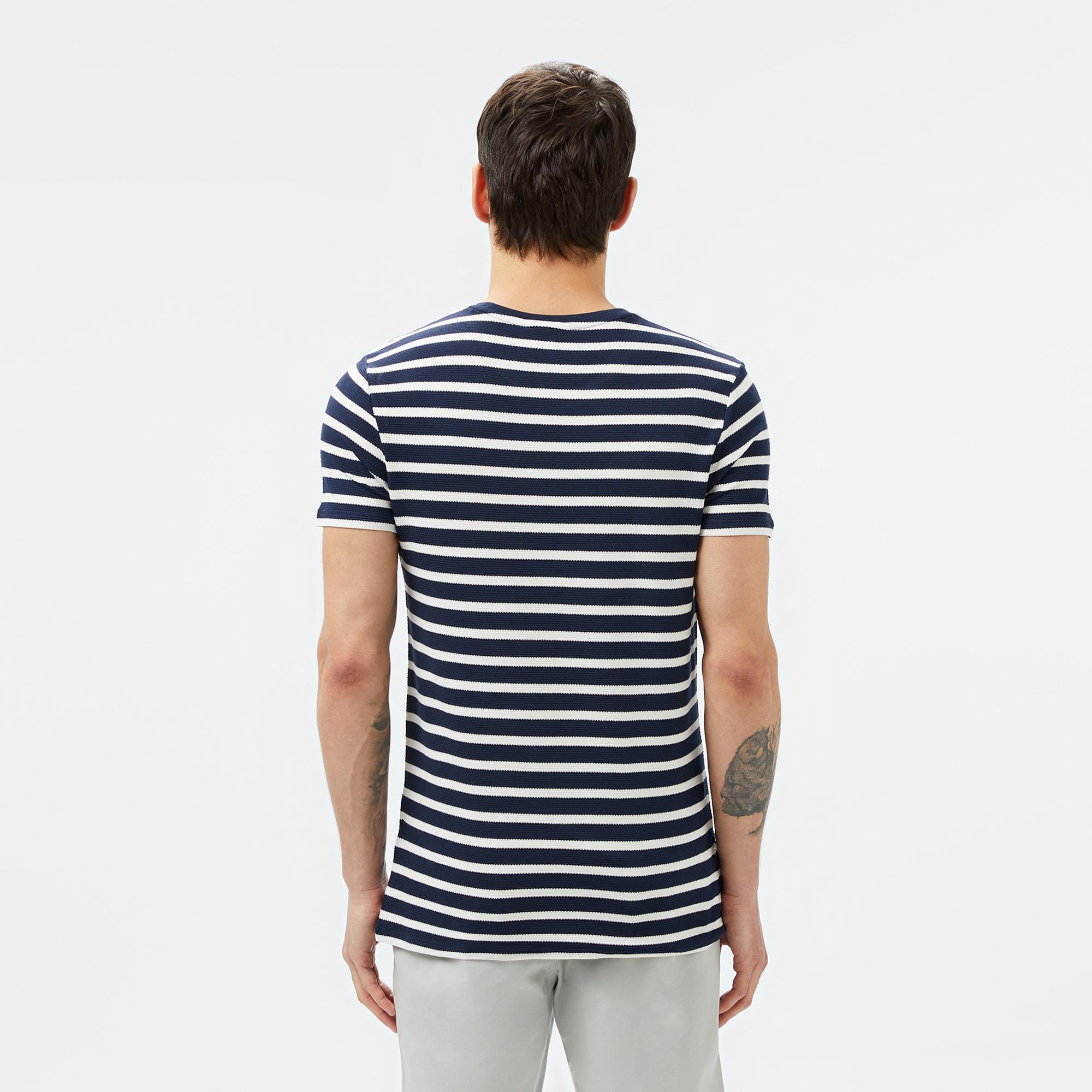 Lacoste Erkek Slim Fit Bisiklet Yaka Çizgili Lacivert T-Shirt