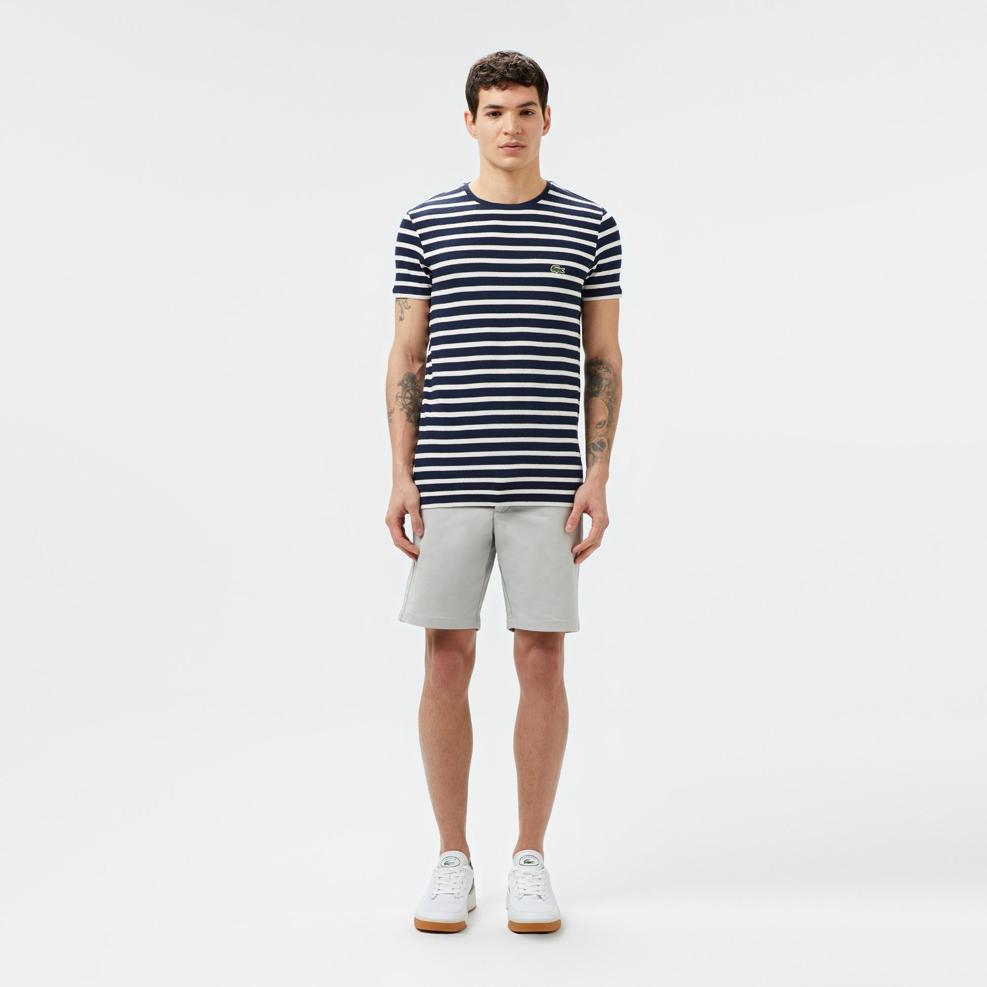 Lacoste Erkek Slim Fit Bisiklet Yaka Çizgili Lacivert T-Shirt