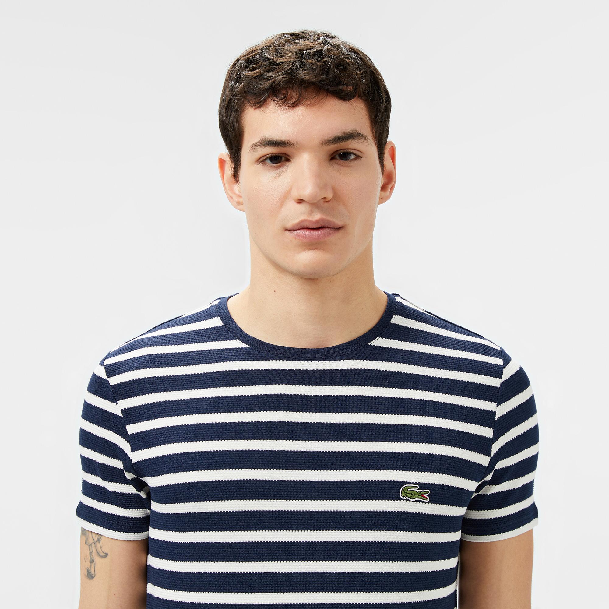 Lacoste Erkek Slim Fit Bisiklet Yaka Çizgili Lacivert T-Shirt