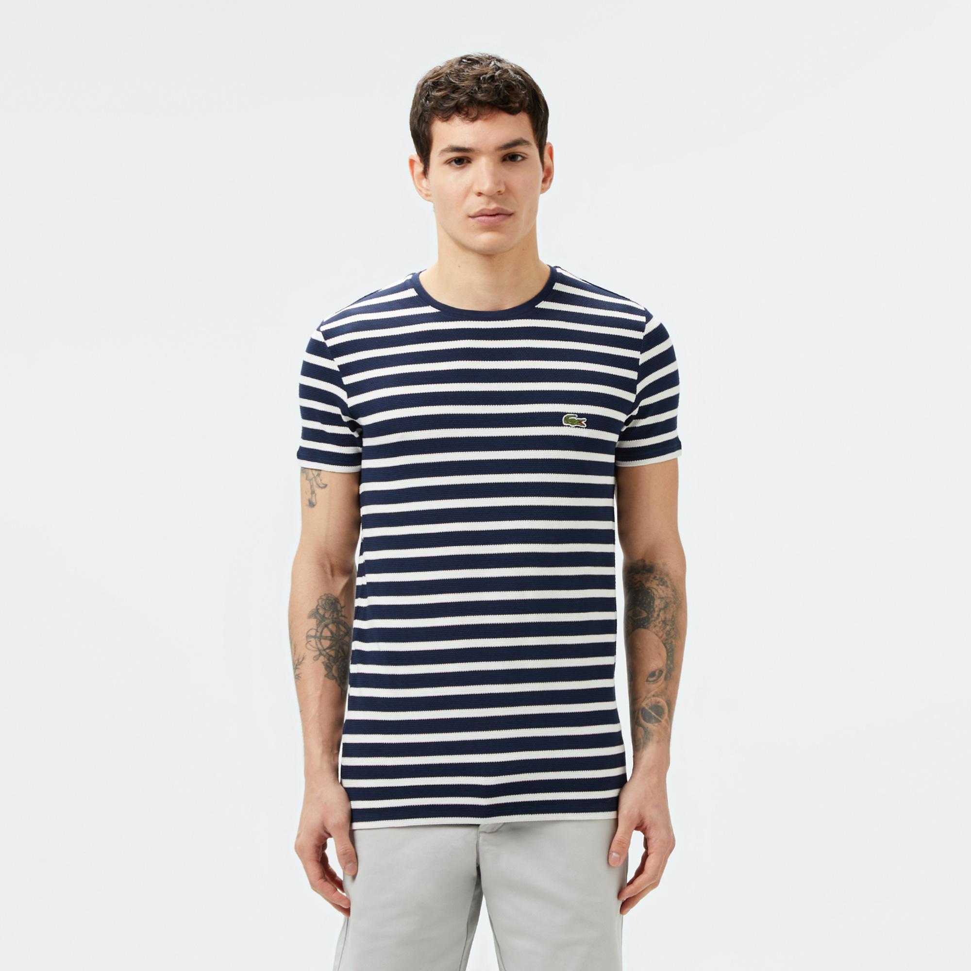 Lacoste Erkek Slim Fit Bisiklet Yaka Çizgili Lacivert T-Shirt