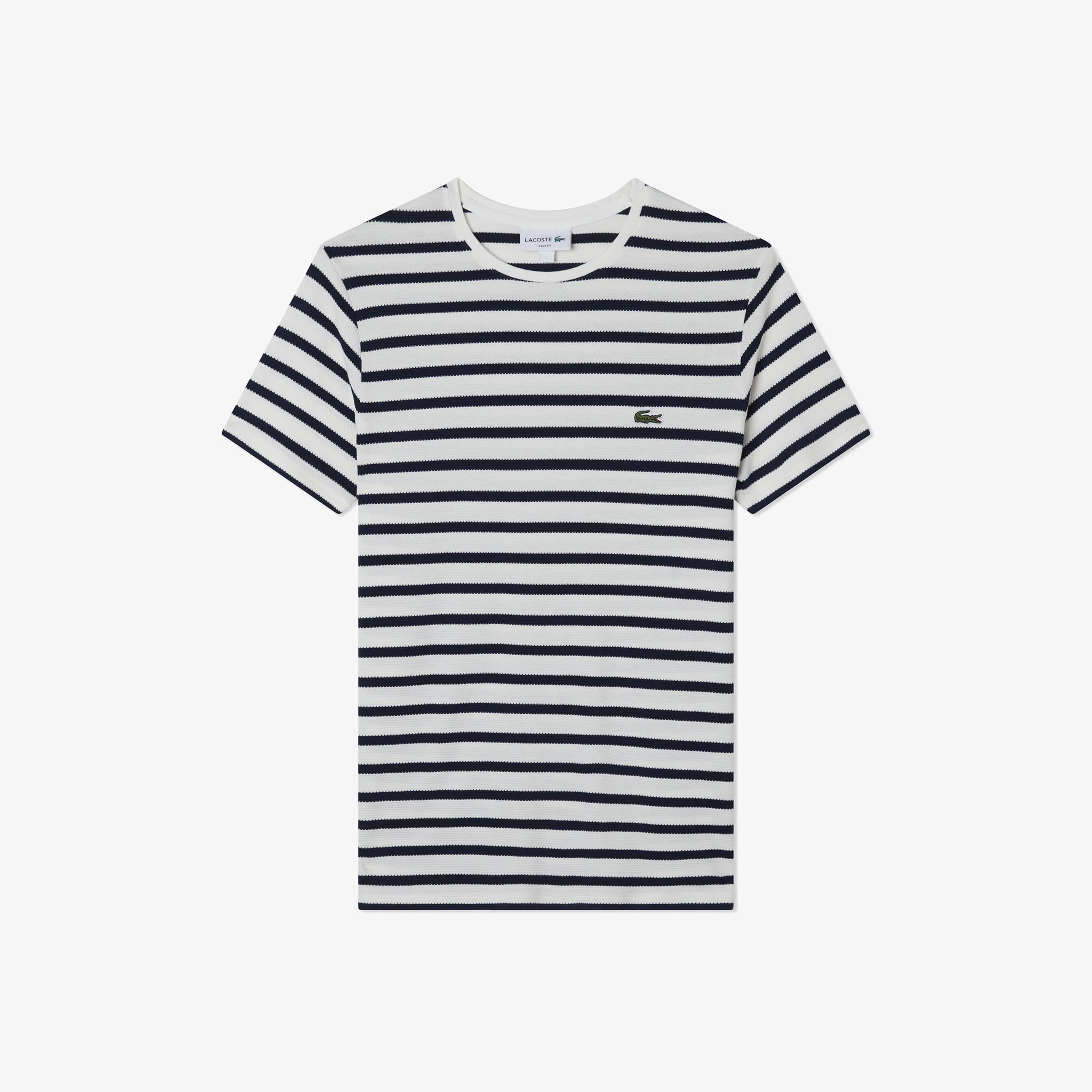 Lacoste Erkek Slim Fit Bisiklet Yaka Çizgili Beyaz T-Shirt