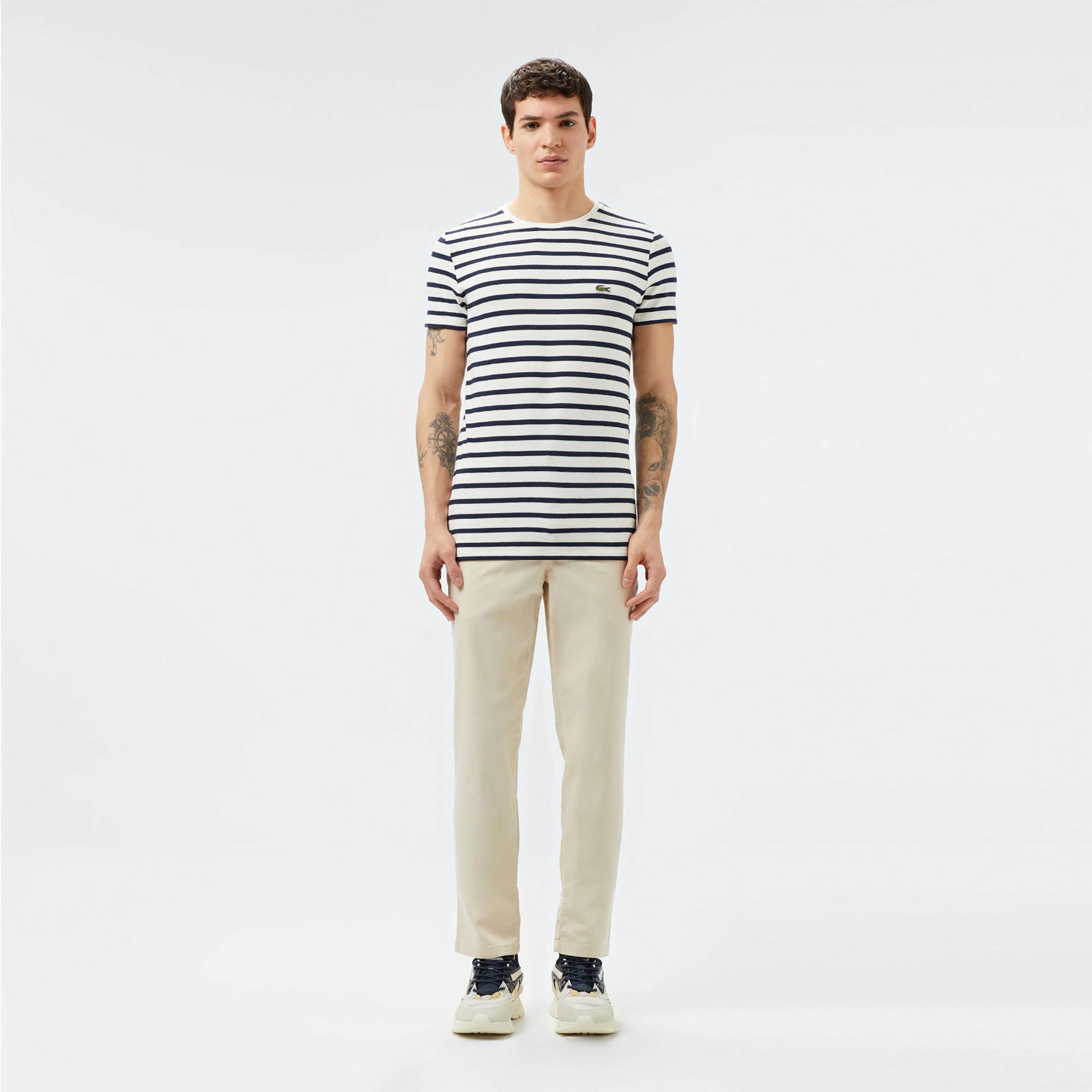 Lacoste Erkek Slim Fit Bisiklet Yaka Çizgili Beyaz T-Shirt