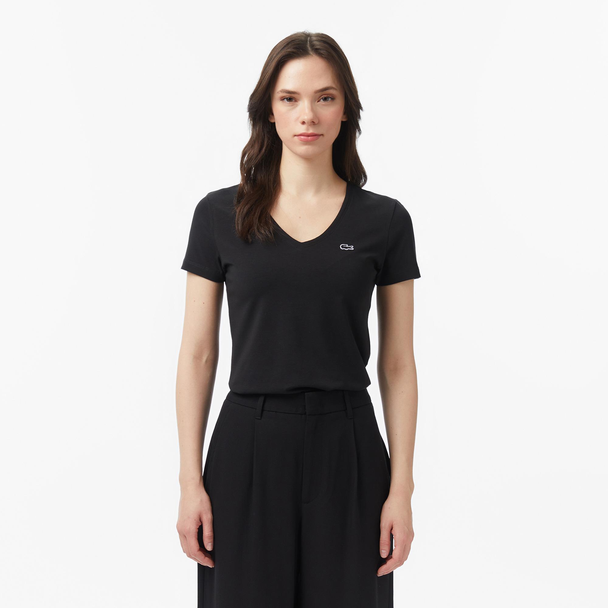 Lacoste Kadın Slim Fit V Yaka Siyah T-Shirt