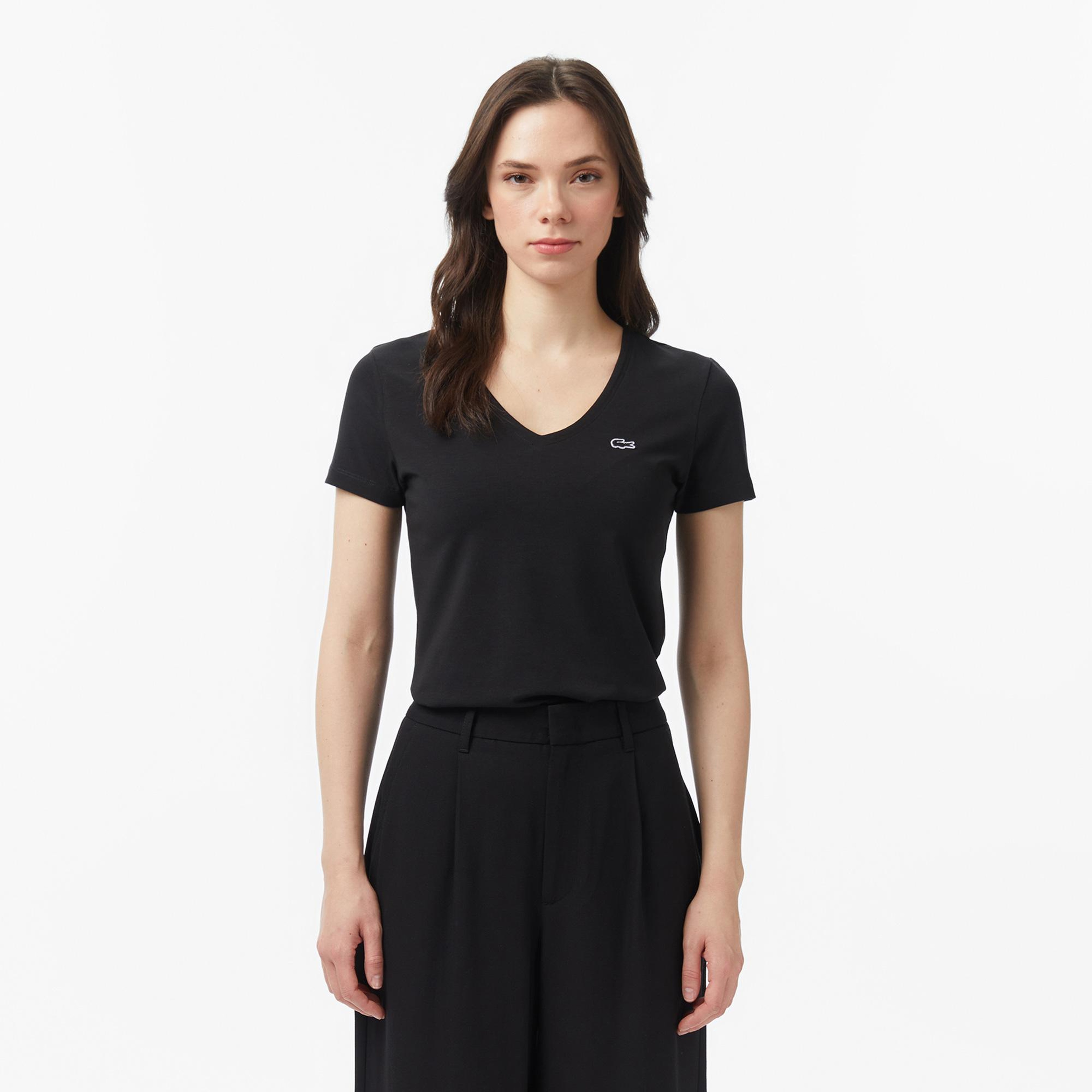 Lacoste Kadın Slim Fit V Yaka Siyah T-Shirt