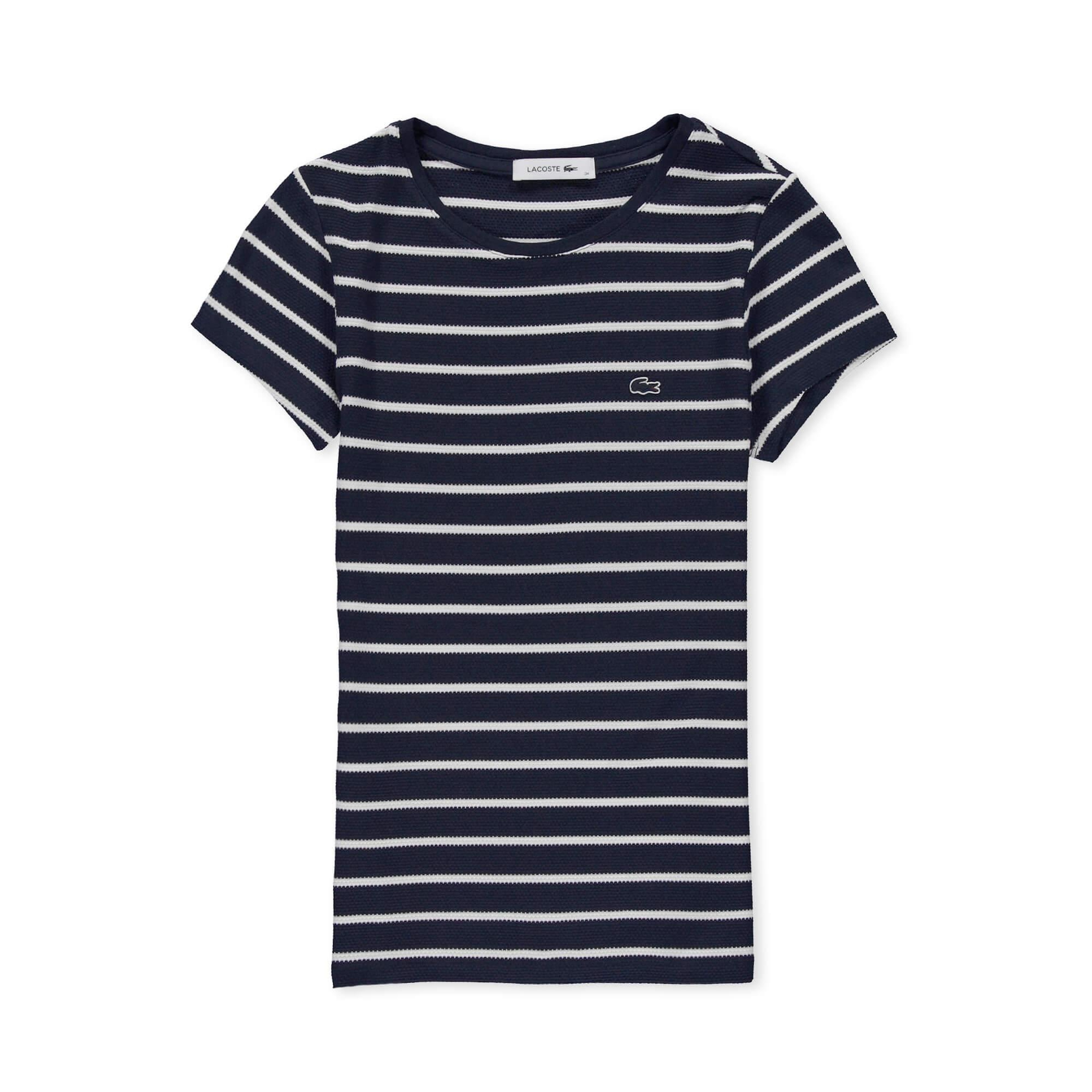 Kadın Slim Fit Bisiklet Yaka Çizgili Lacivert T-Shirt