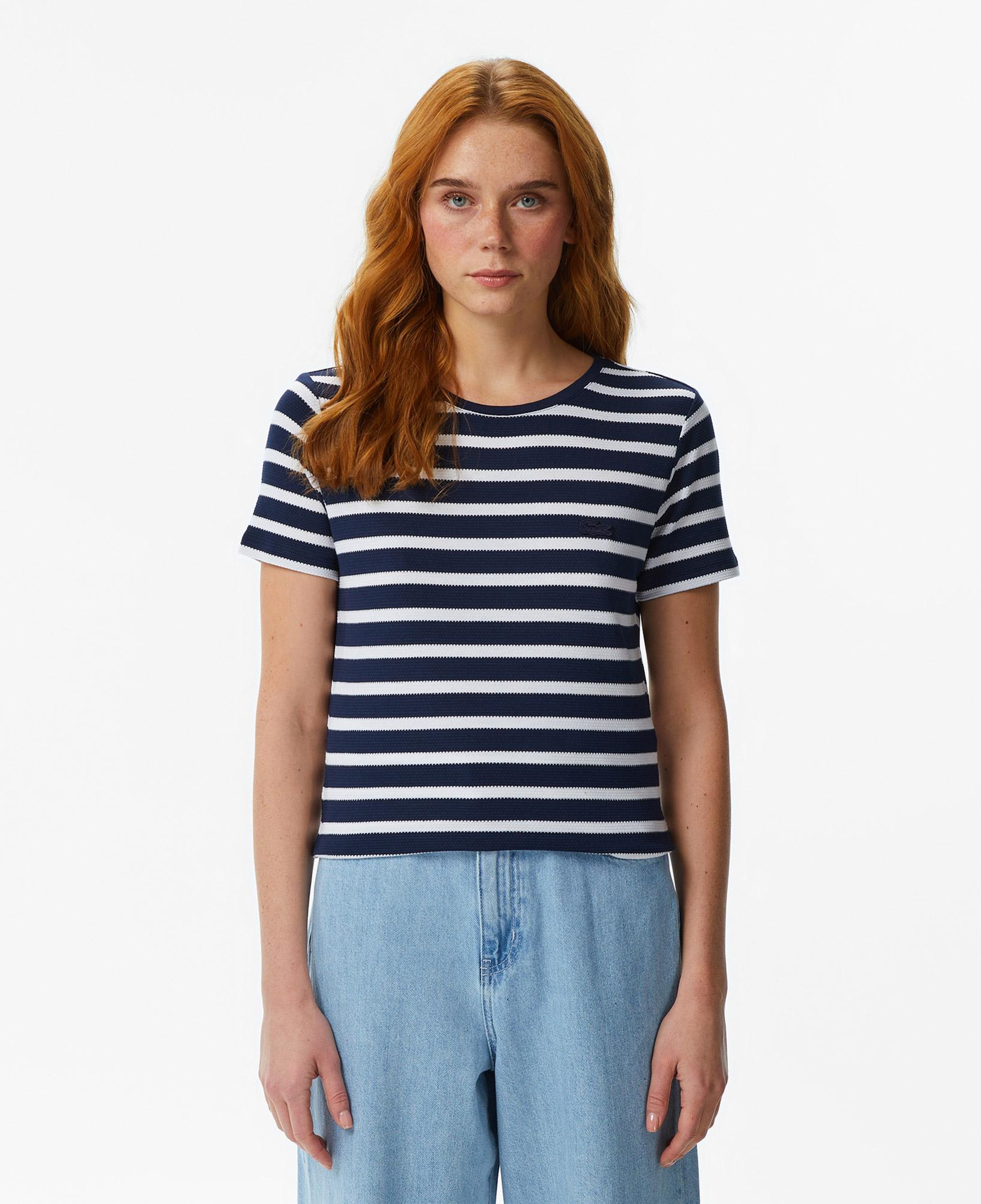 Kadın Slim Fit Bisiklet Yaka Çizgili Lacivert T-Shirt