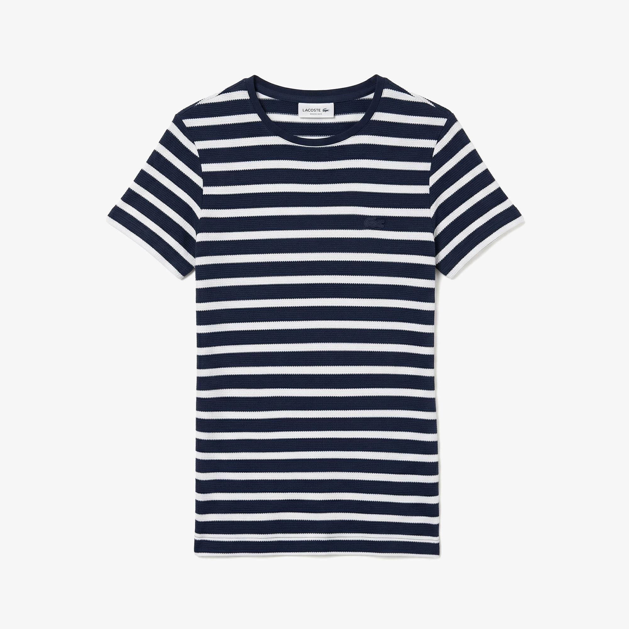 Lacoste Kadın Slim Fit Bisiklet Yaka Çizgili Lacivert T-Shirt