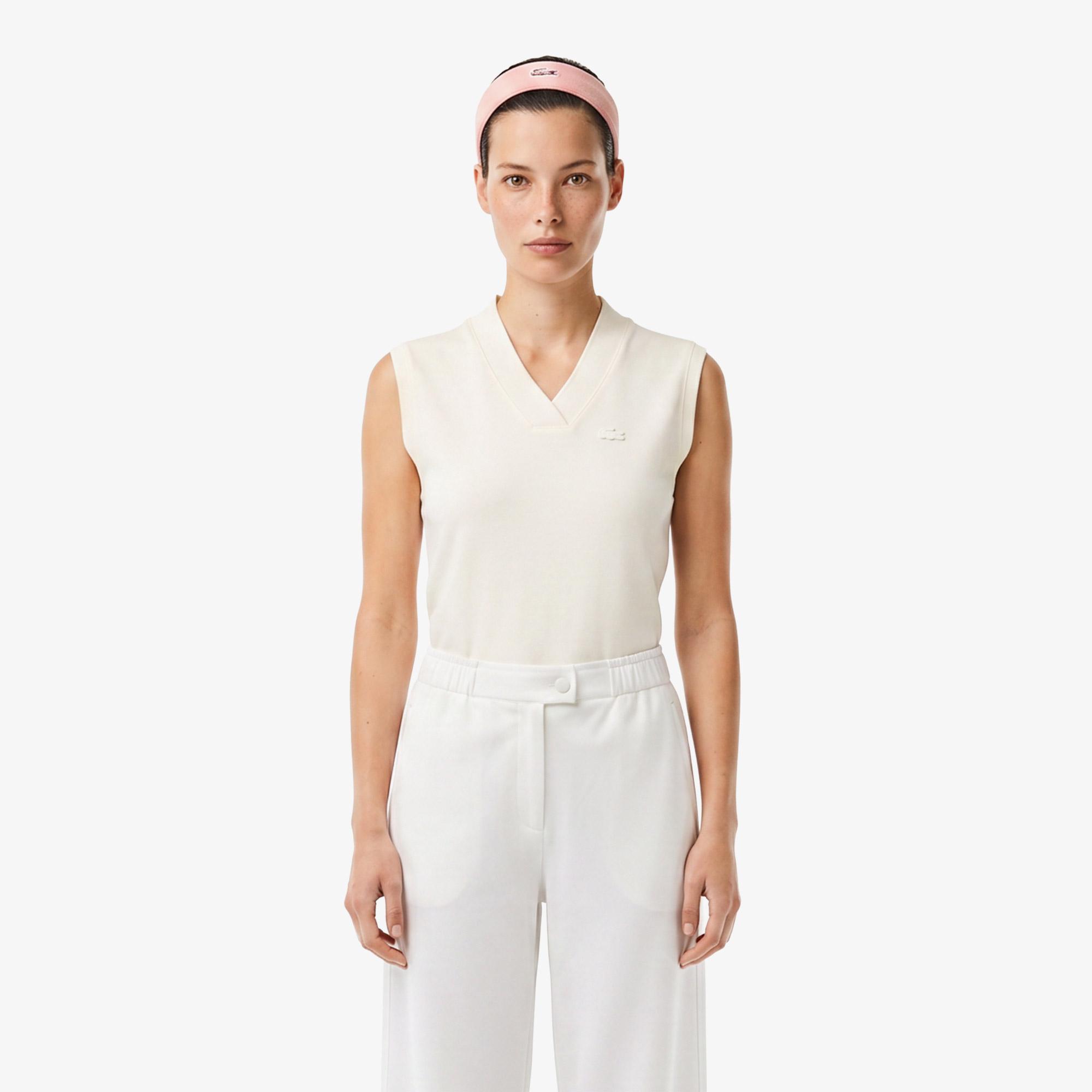 Lacoste Kadın Slim Fit V Yaka Beyaz T-Shirt