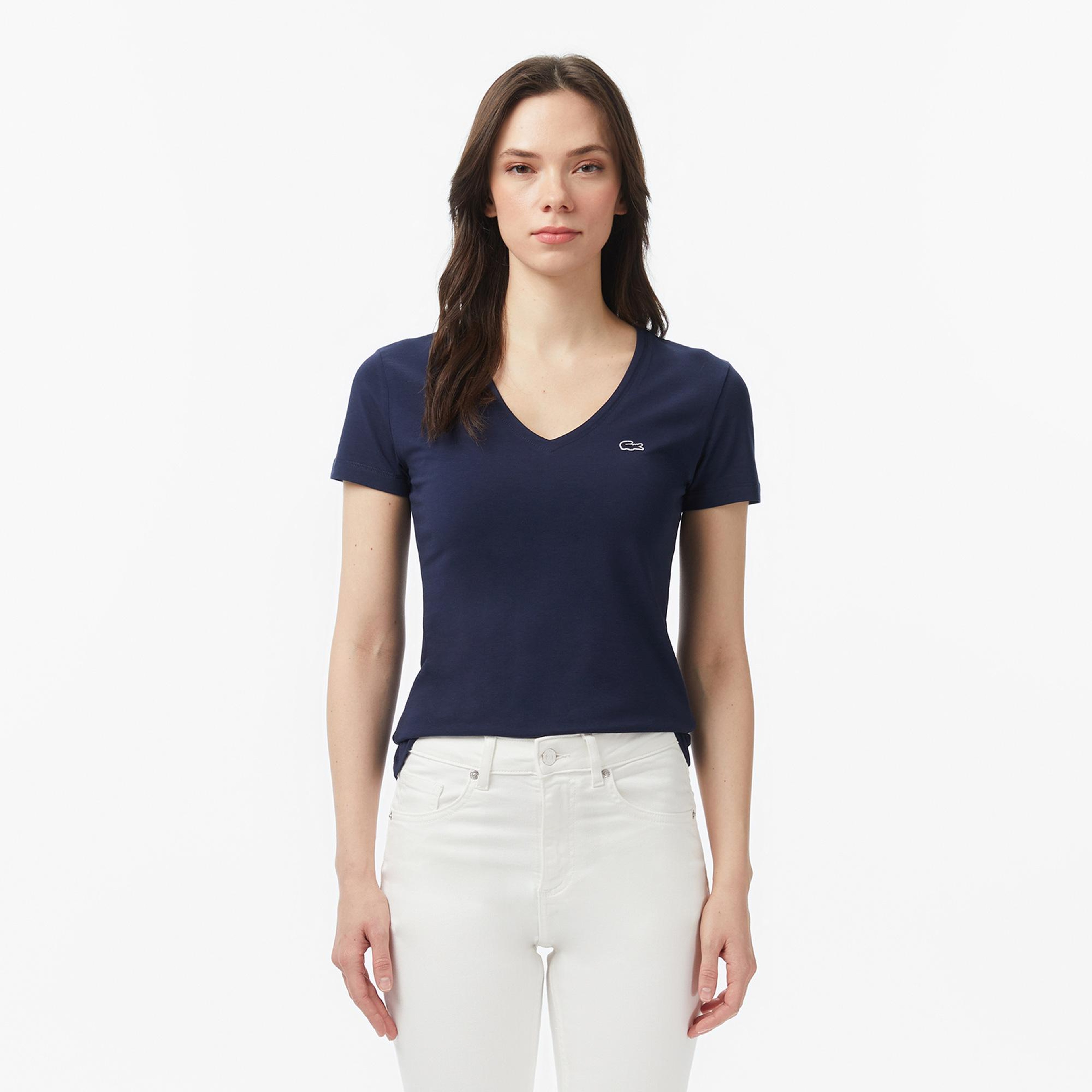 Lacoste Kadın Slim Fit V Yaka Lacivert T-Shirt