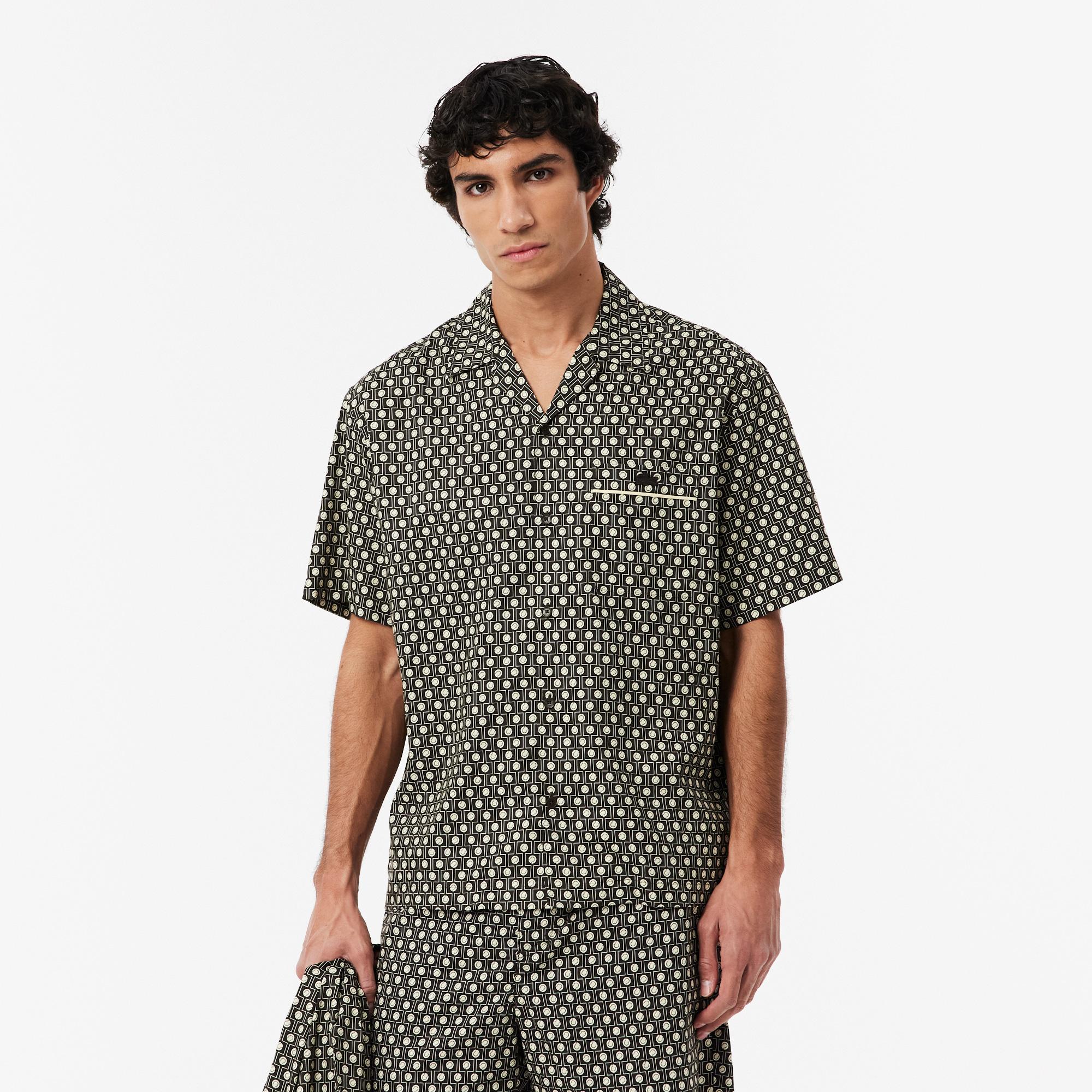 Lacoste Erkek Relaxed Fit Kısa Kollu Desenli Kahverengi Gömlek