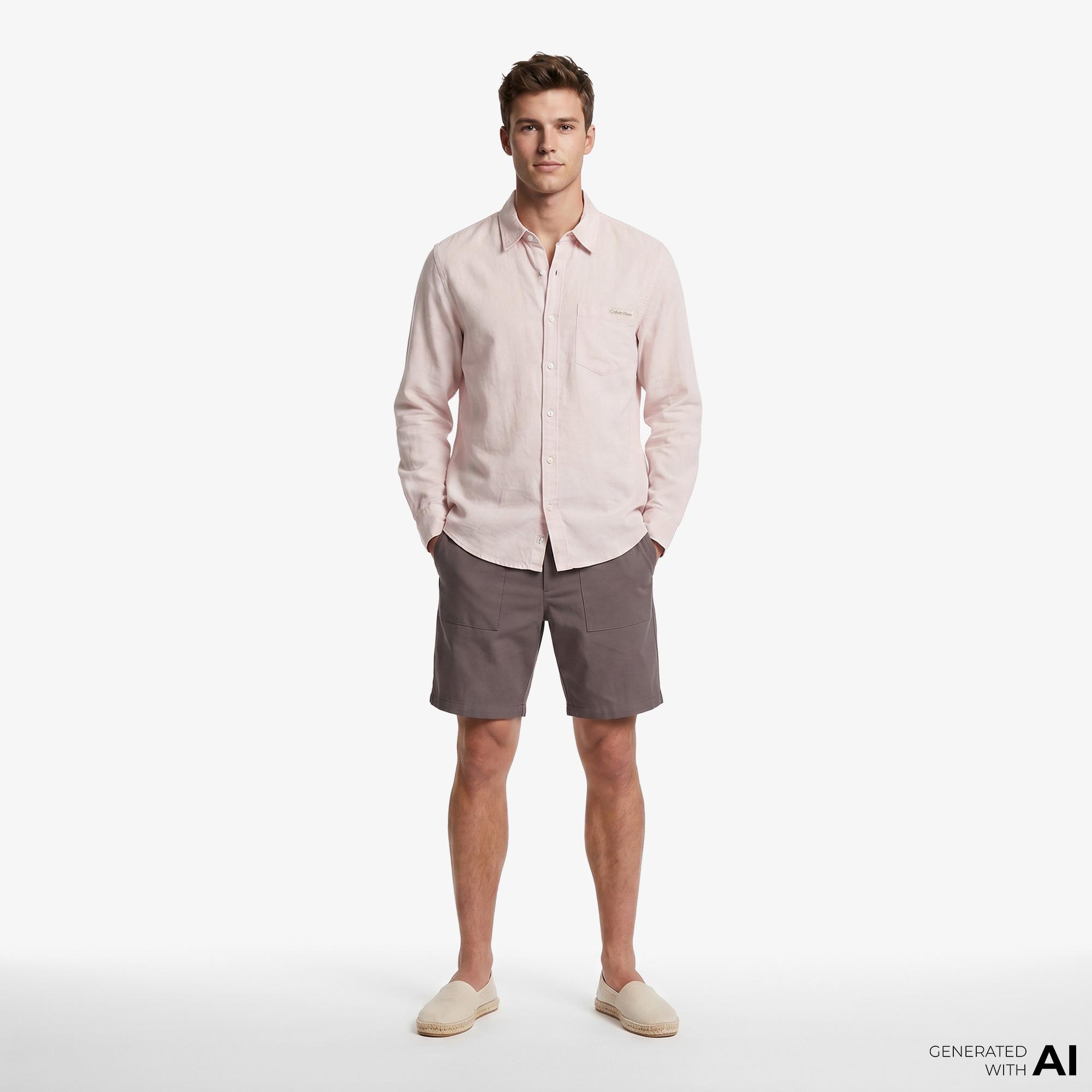 Calvin Klein Solid Casual Linen Classic Erkek Turuncu Gömlek