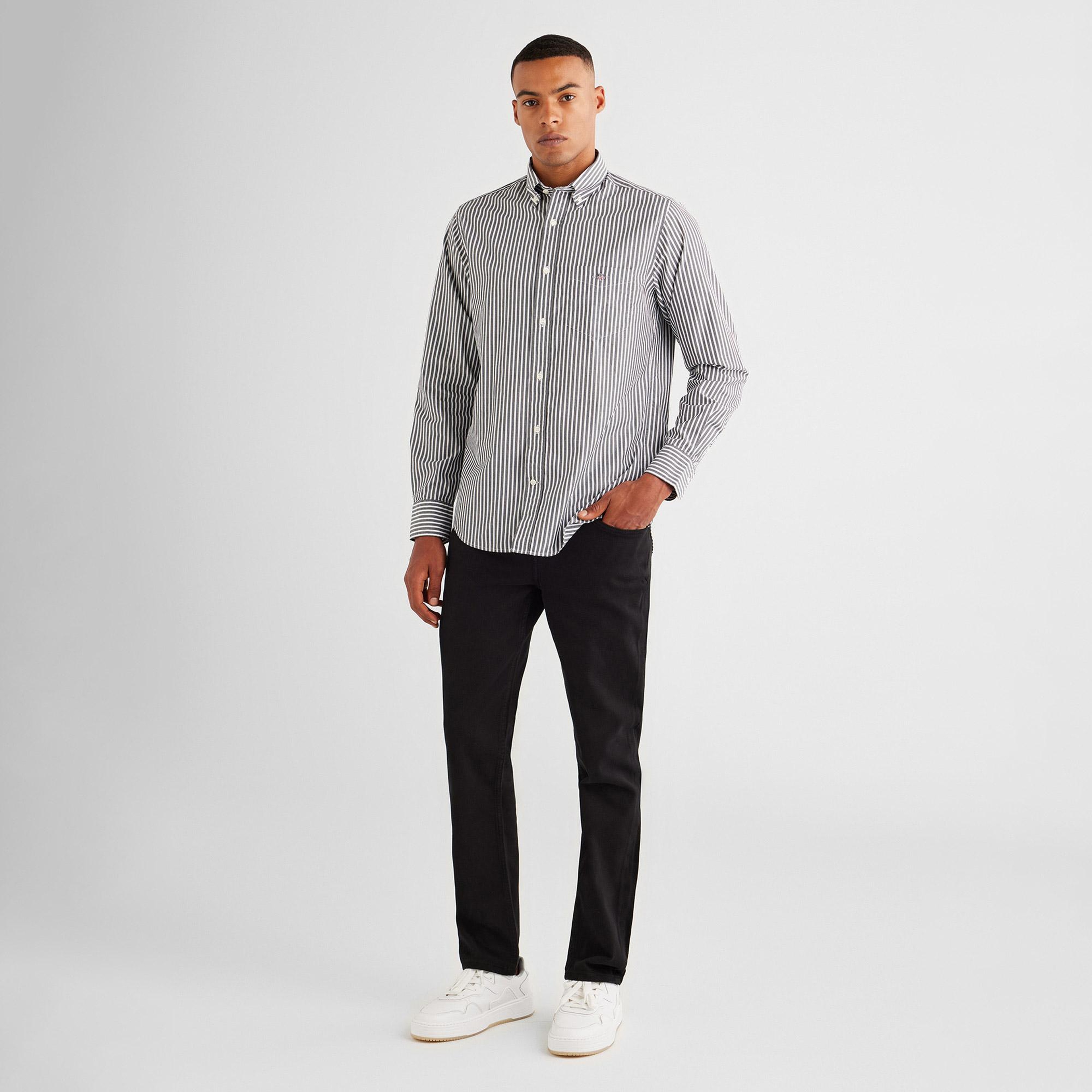 GANT Erkek Siyah Regular Fit Düğmeli Yaka Çizgili Poplin Gömlek