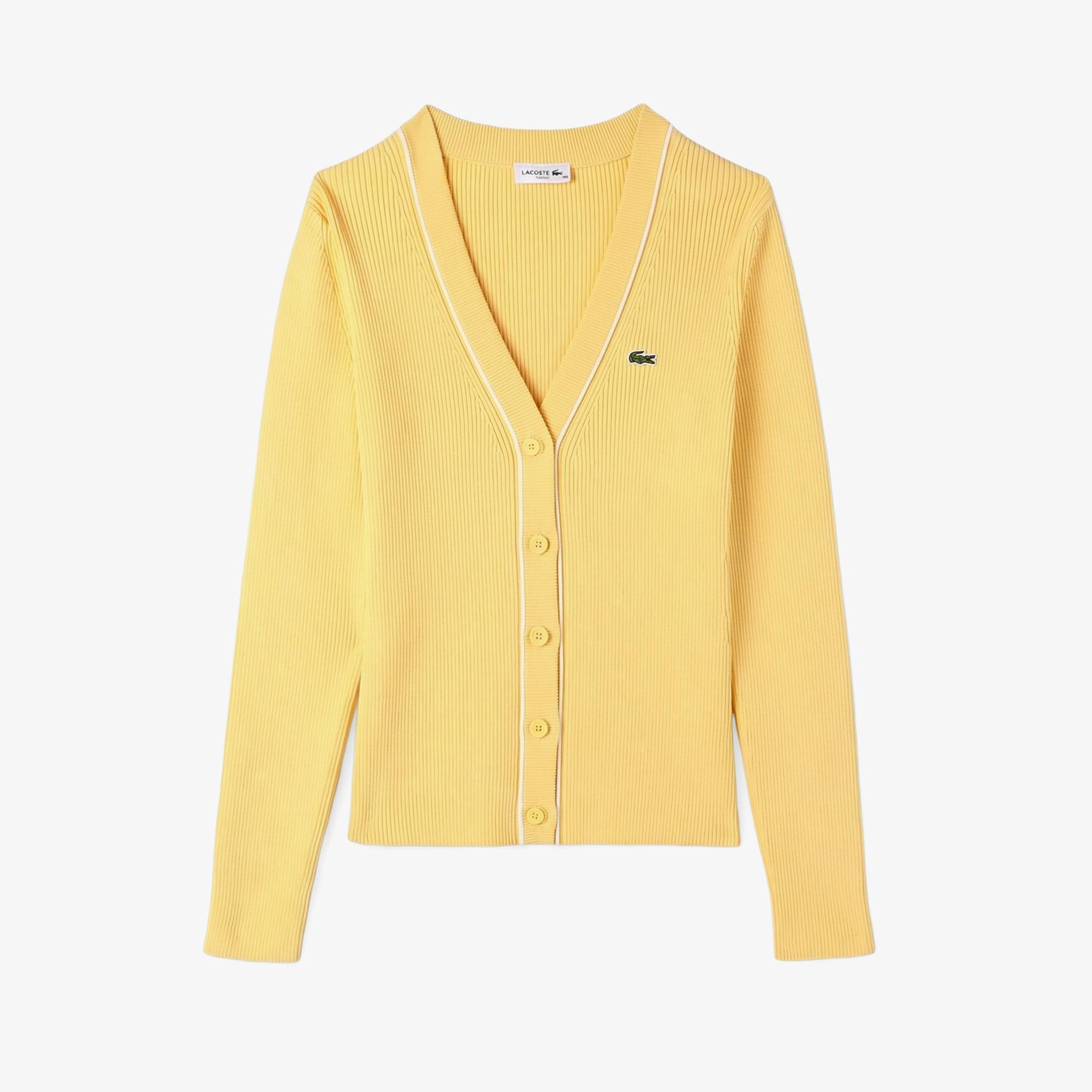 Lacoste Kadın Slim Fit V Yaka Sarı Hırka