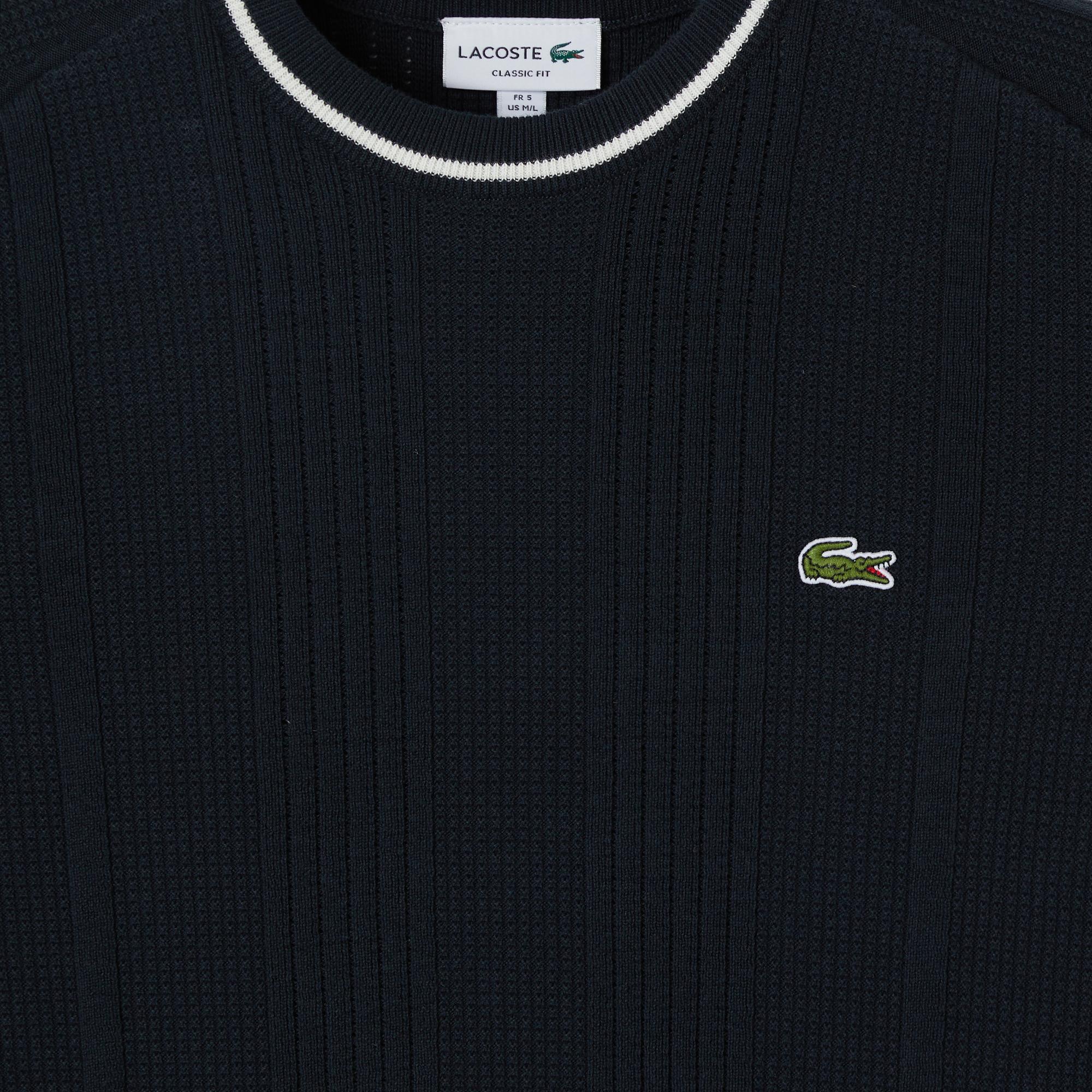 Lacoste Erkek Classic Fit Kısa Kollu Bisiklet Yaka Çizgili Koyu Gri Triko