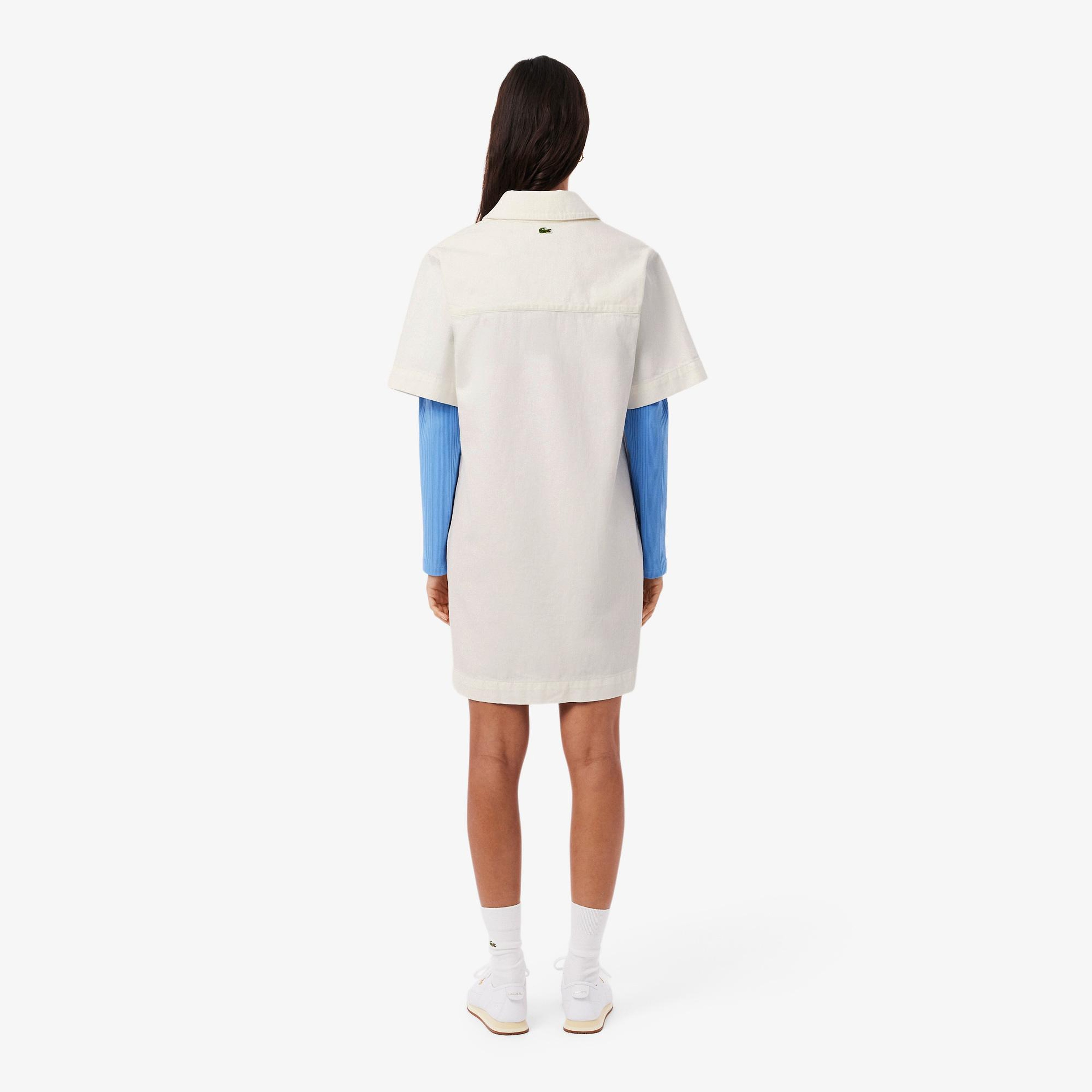 Lacoste Kadın Oversize Fit Kısa Kollu Polo Yaka Denim Beyaz Elbise