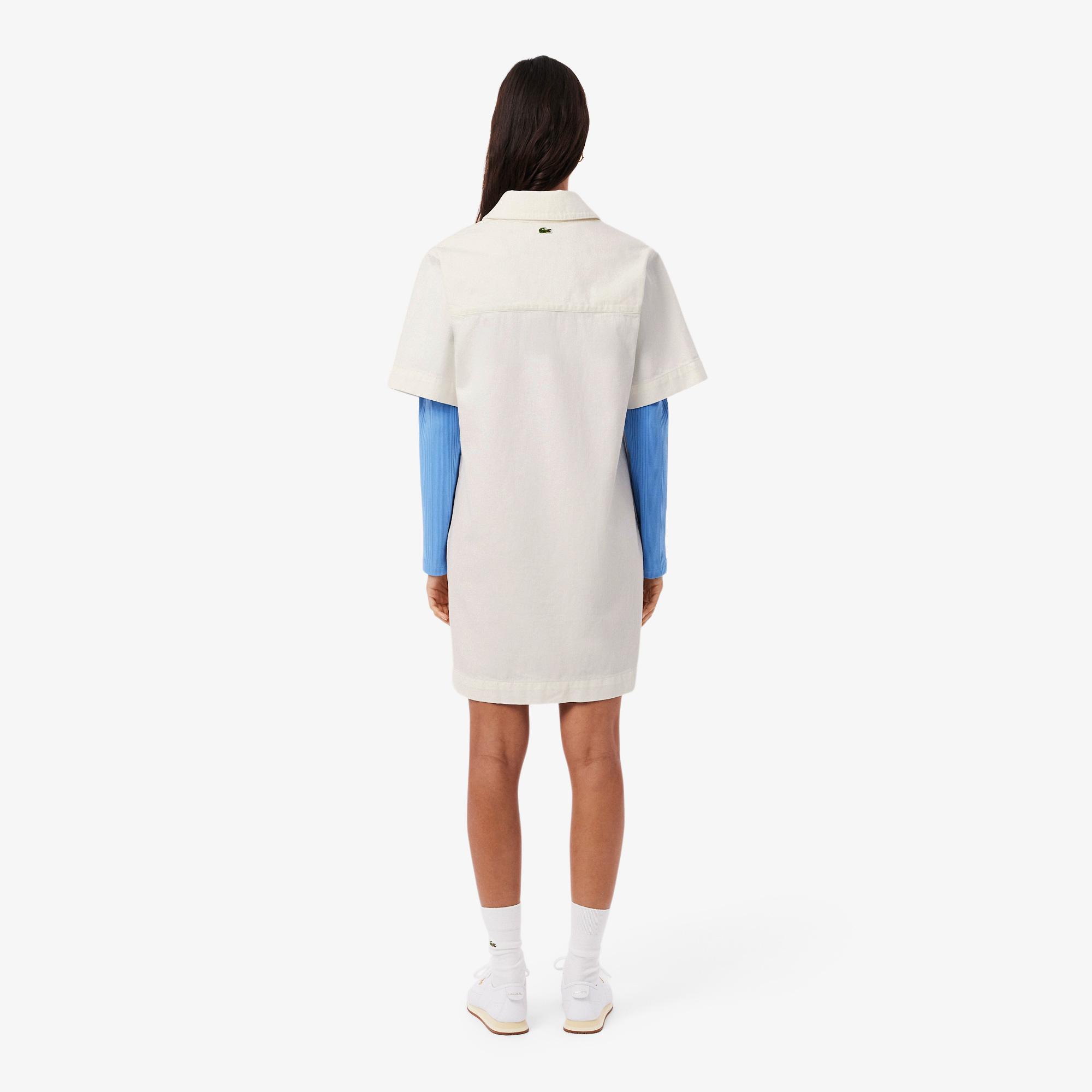Lacoste Kadın Oversize Fit Kısa Kollu Polo Yaka Denim Beyaz Elbise
