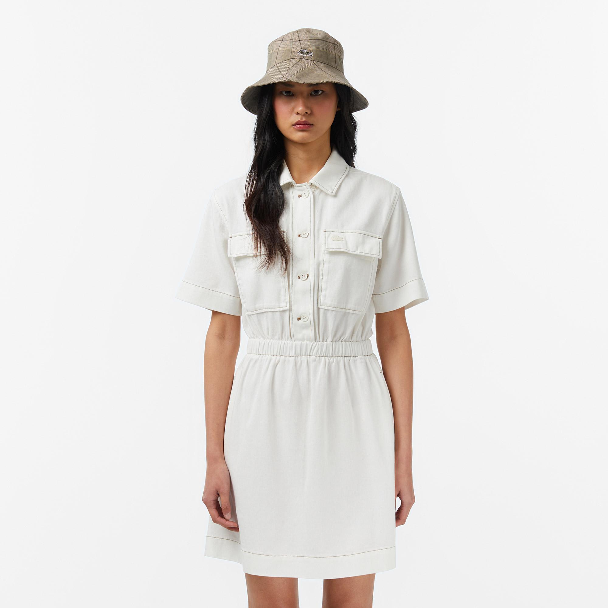 Lacoste Kadın Flare Fit Kısa Kollu Krem Elbise