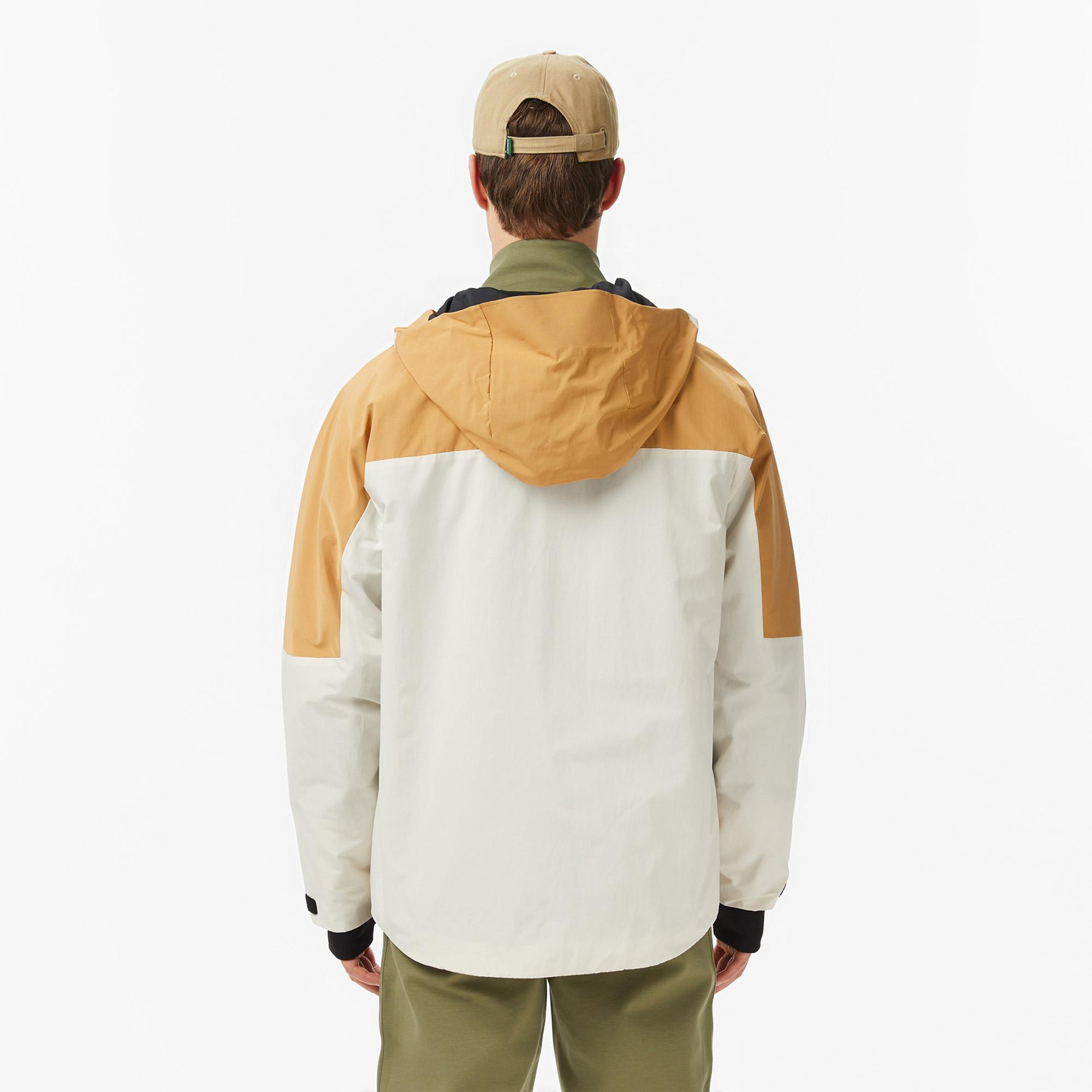 Lacoste Erkek Relaxed Fit Kapüşonlu Renk Bloklu Krem Mont