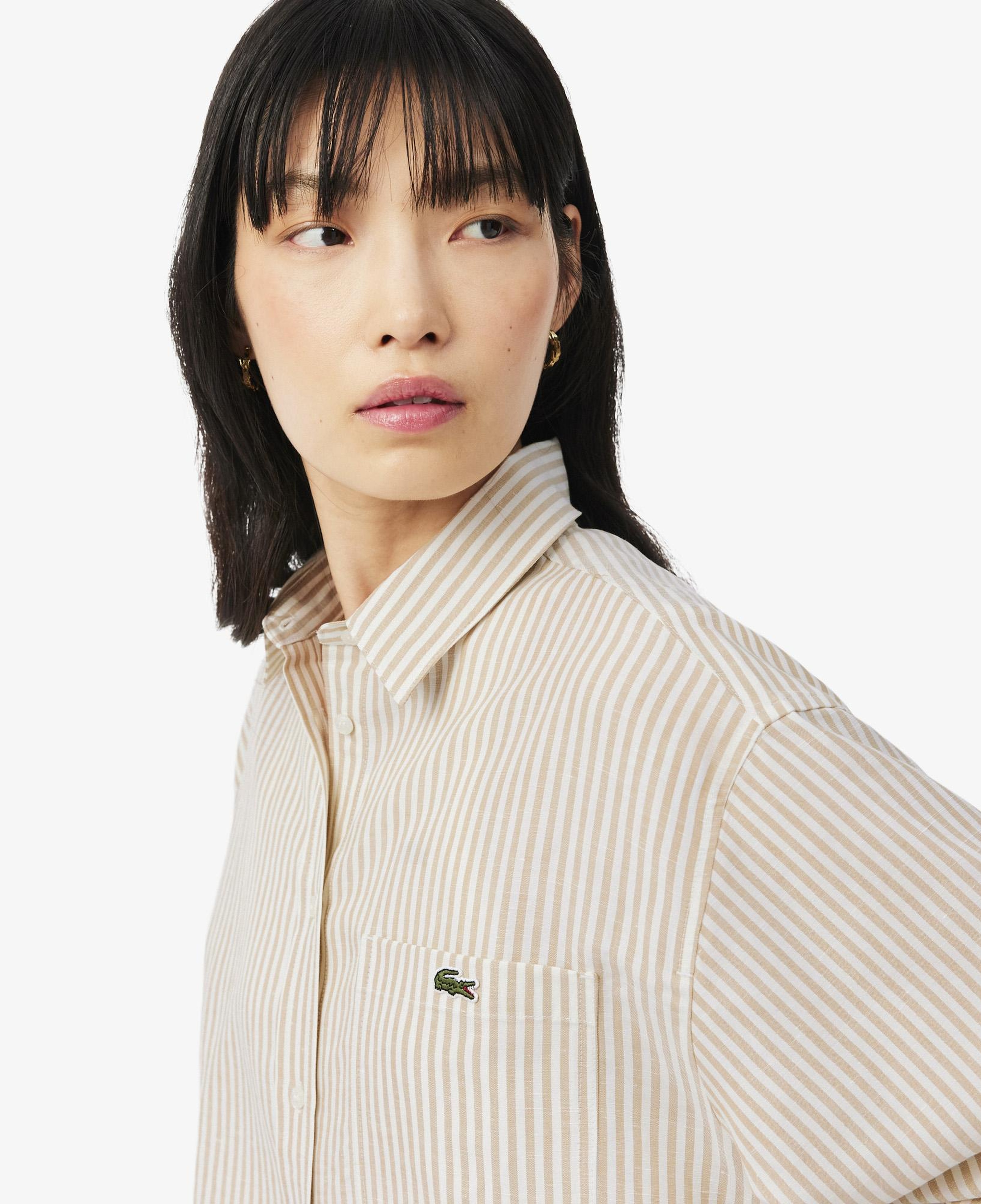 Lacoste Kadın Oversize Fit Çizgili Keten Krem Gömlek