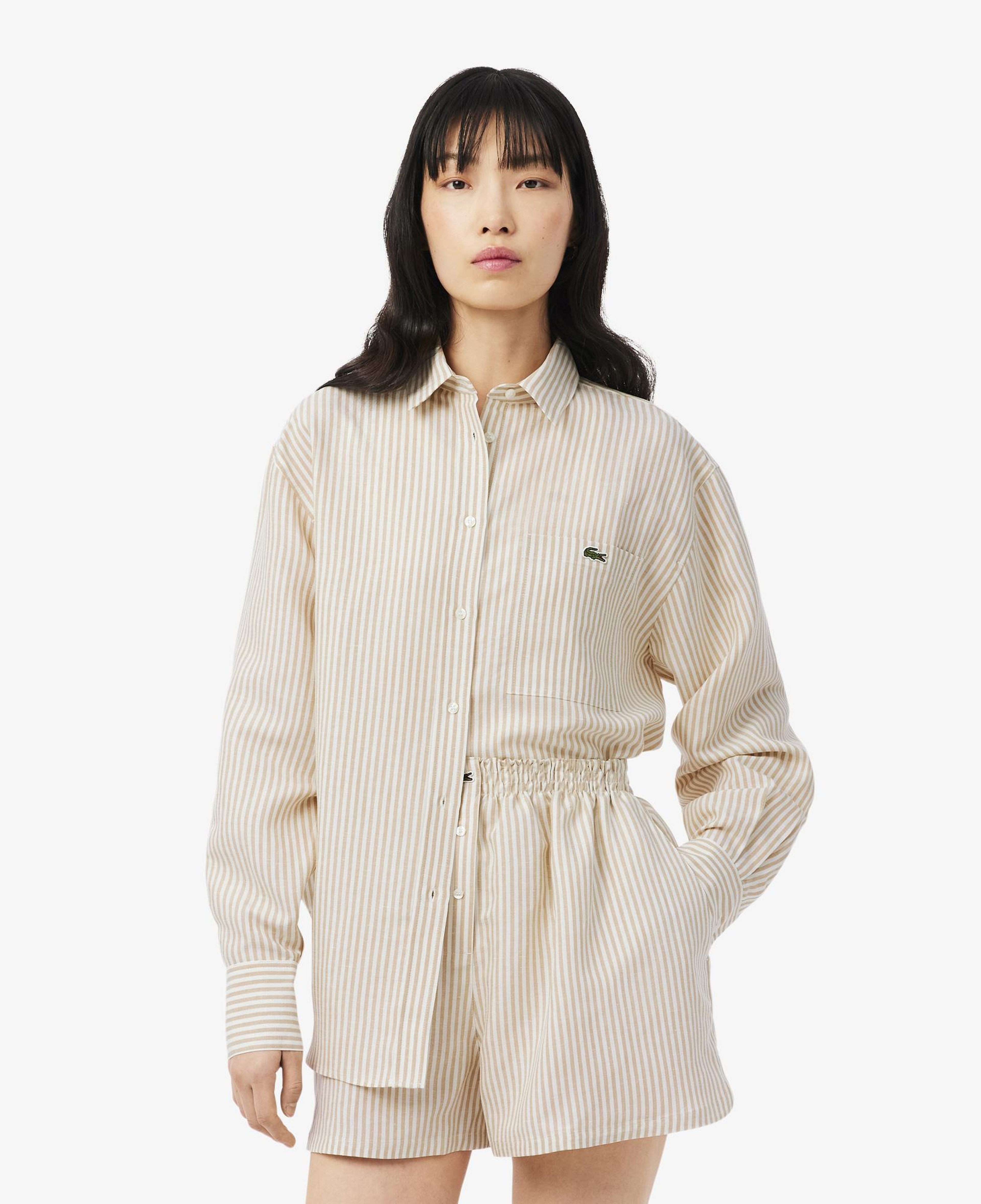 Lacoste Kadın Oversize Fit Çizgili Keten Krem Gömlek