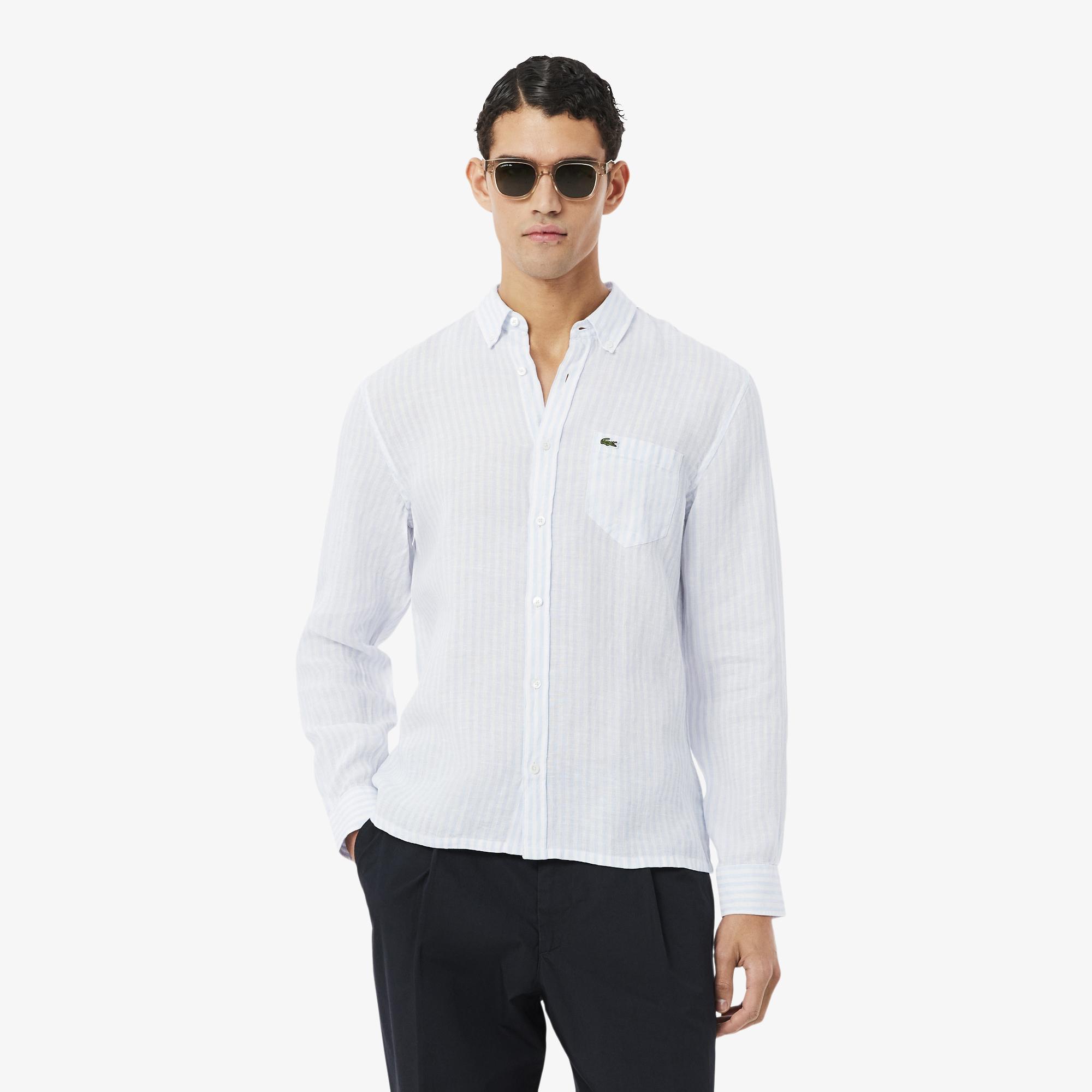 Lacoste Erkek Regular Fit Düğmeli Yaka Çizgili Mavi Gömlek