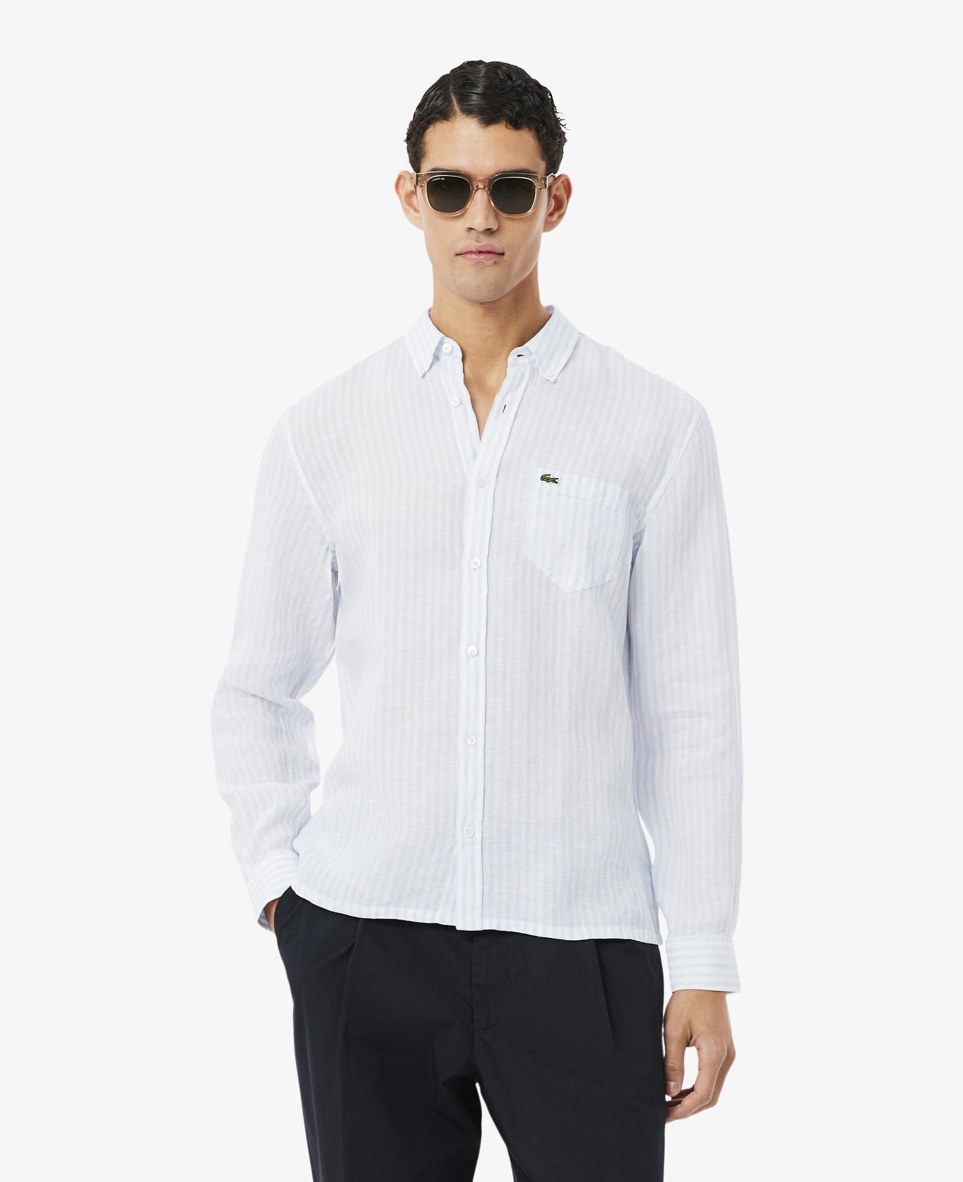 Lacoste Erkek Regular Fit Düğmeli Yaka Çizgili Mavi Gömlek