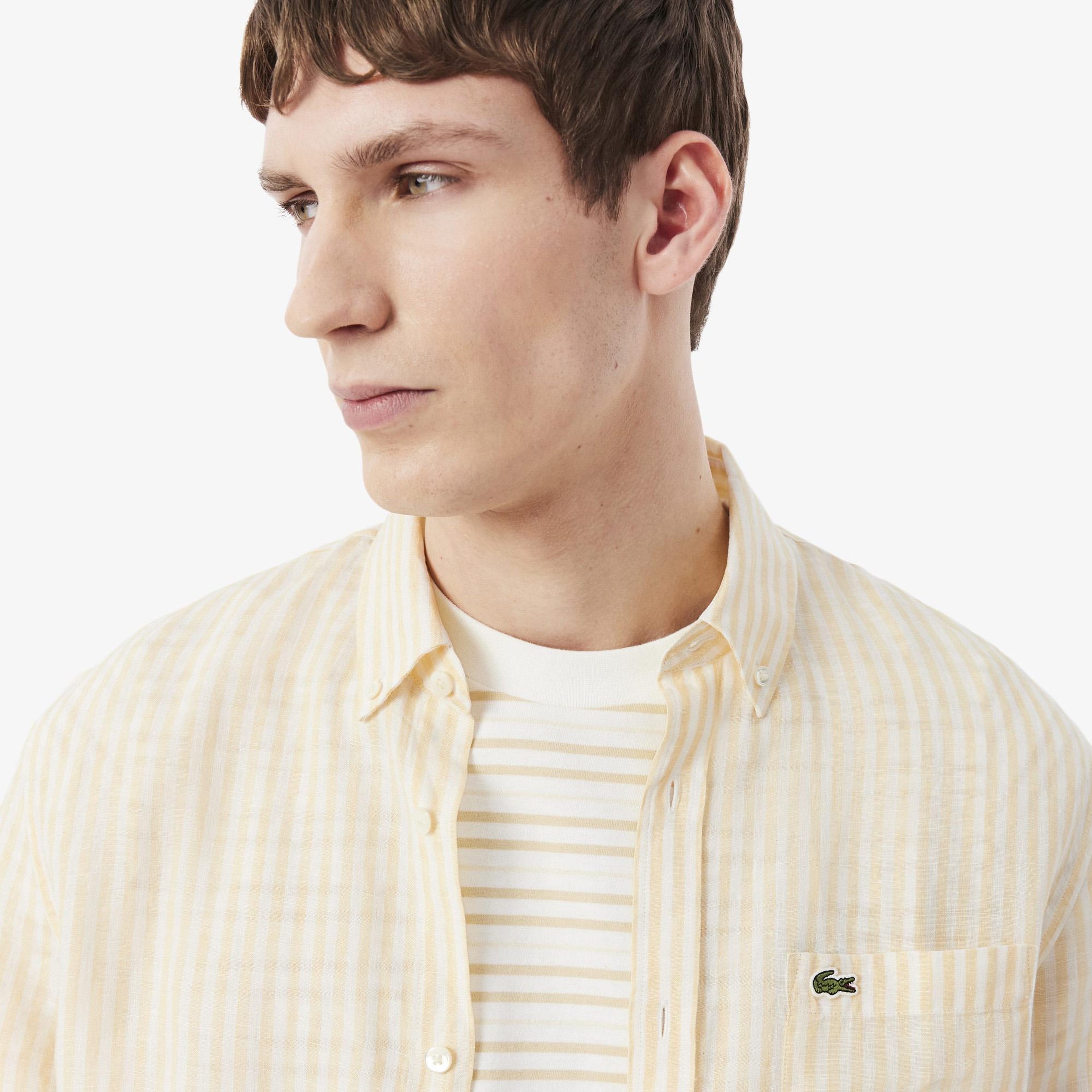 Lacoste Erkek Regular Fit Düğmeli Yaka Çizgili Sarı Gömlek