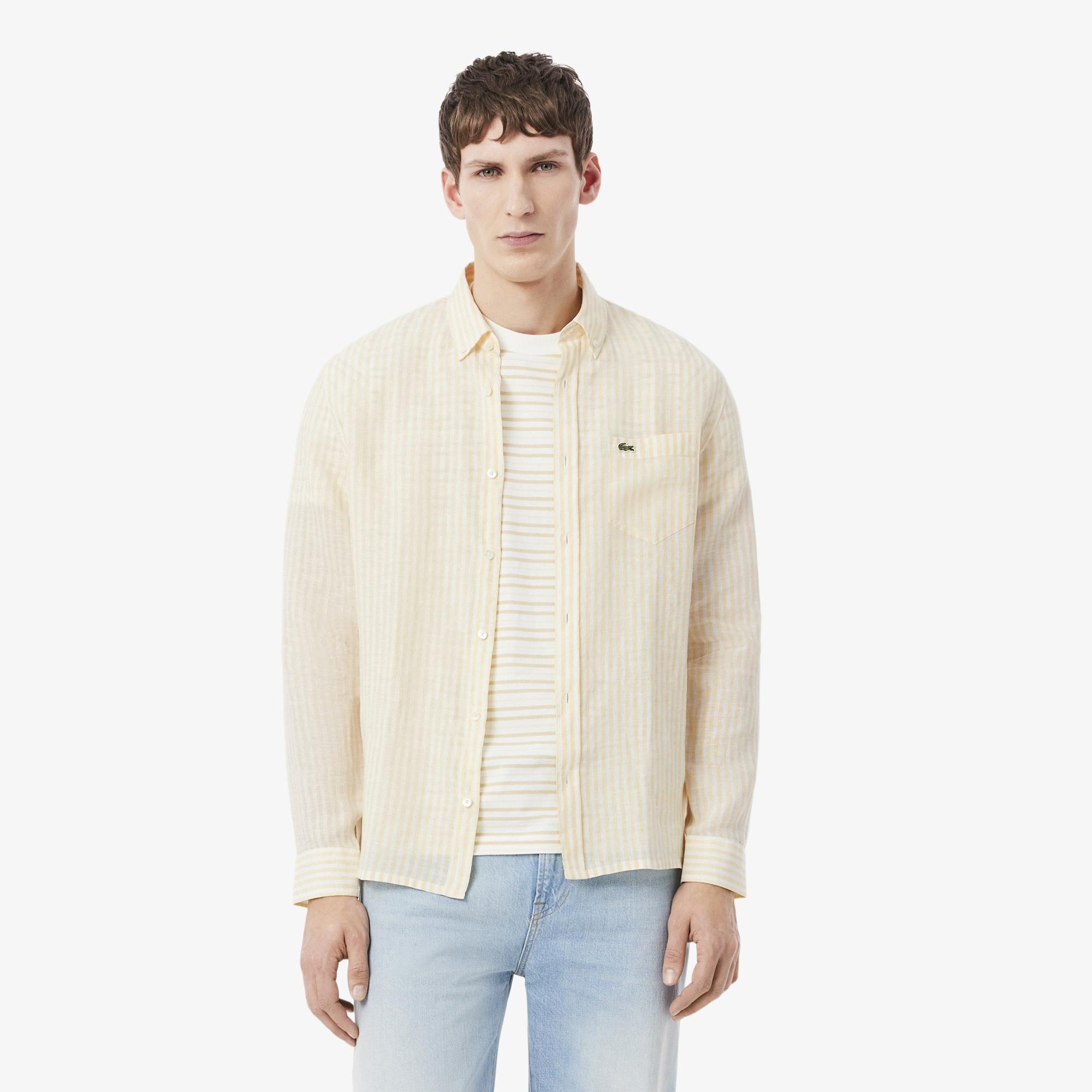 Lacoste Erkek Regular Fit Düğmeli Yaka Çizgili Sarı Gömlek