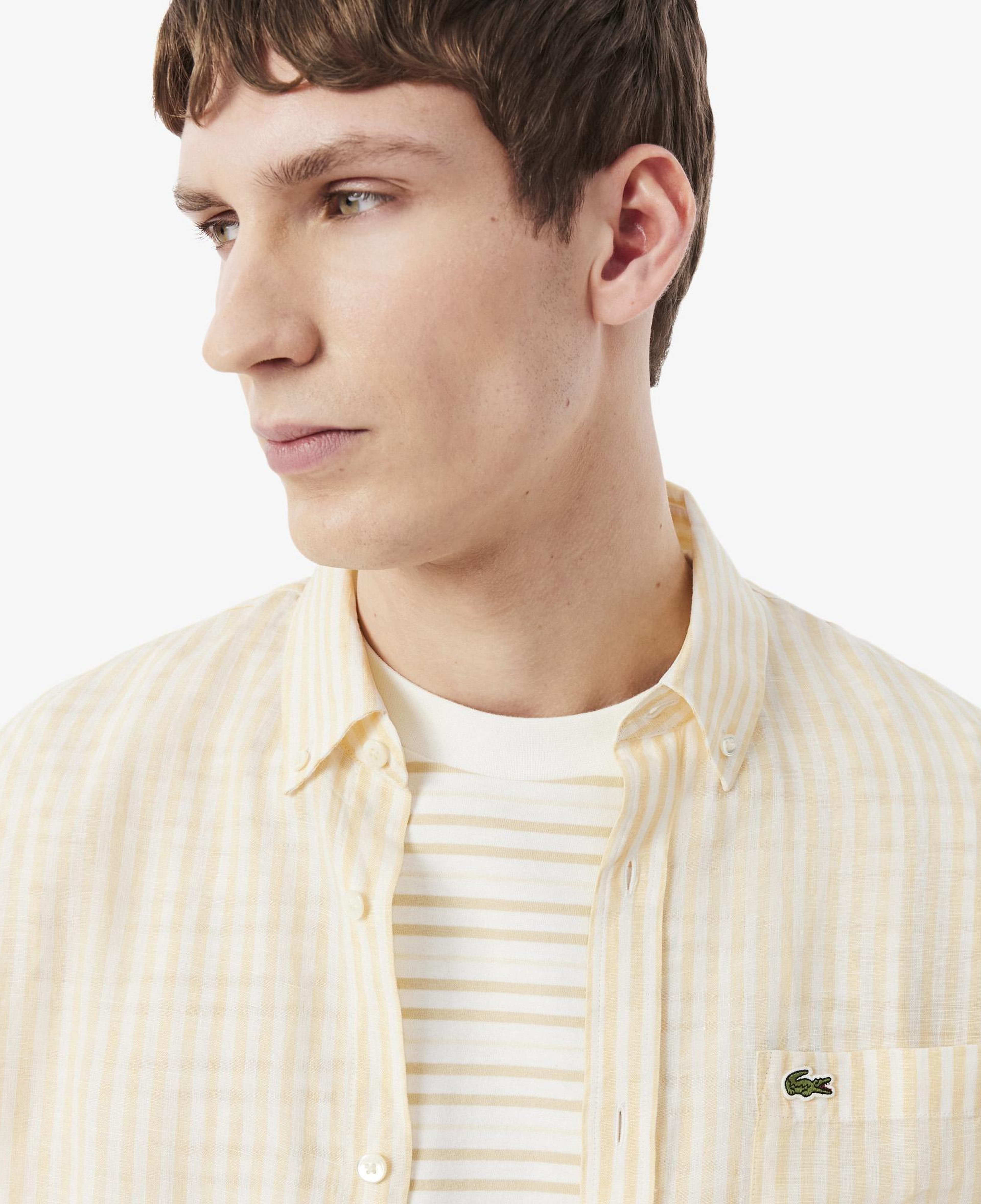 Lacoste Erkek Regular Fit Düğmeli Yaka Çizgili Sarı Gömlek