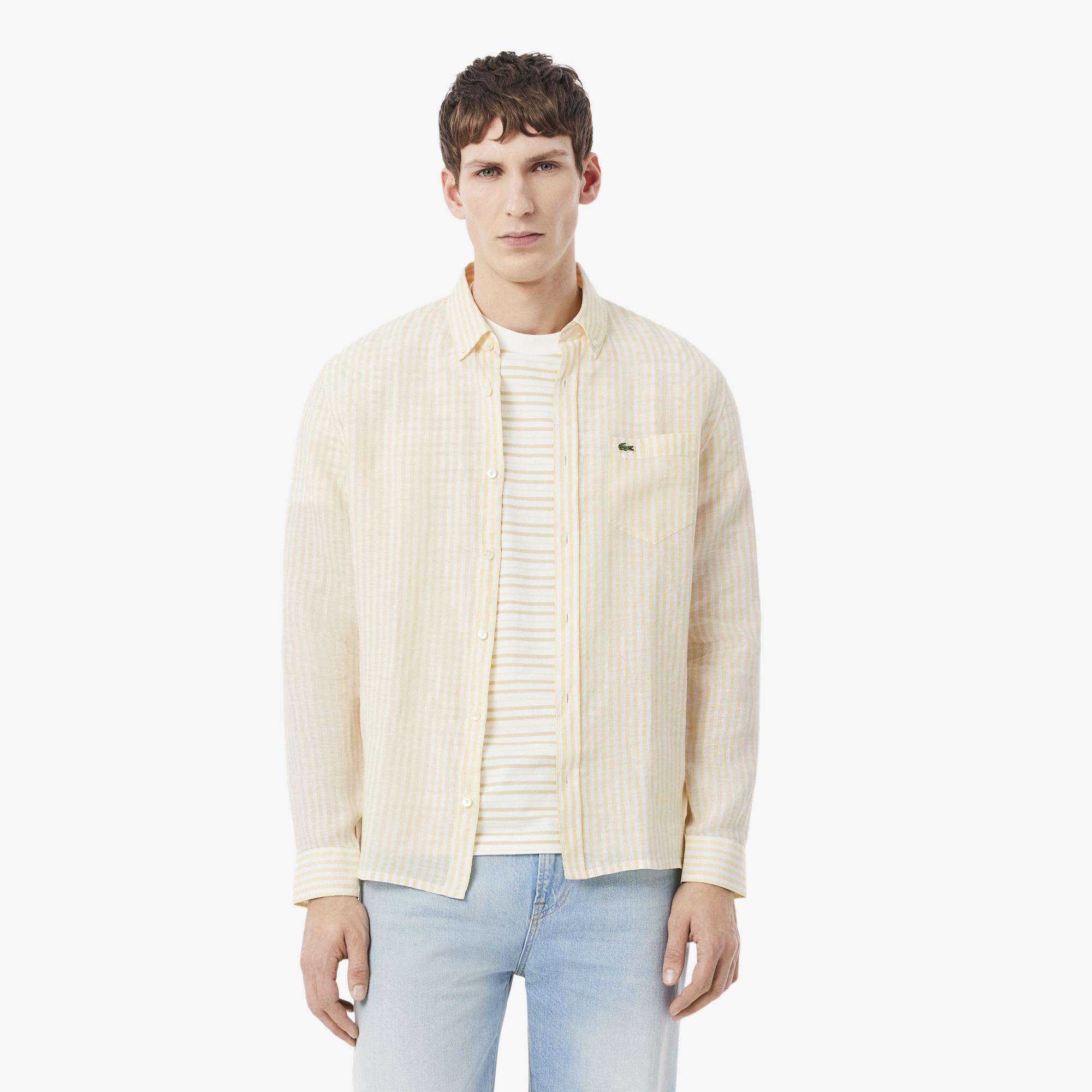 Lacoste Erkek Regular Fit Düğmeli Yaka Çizgili Sarı Gömlek