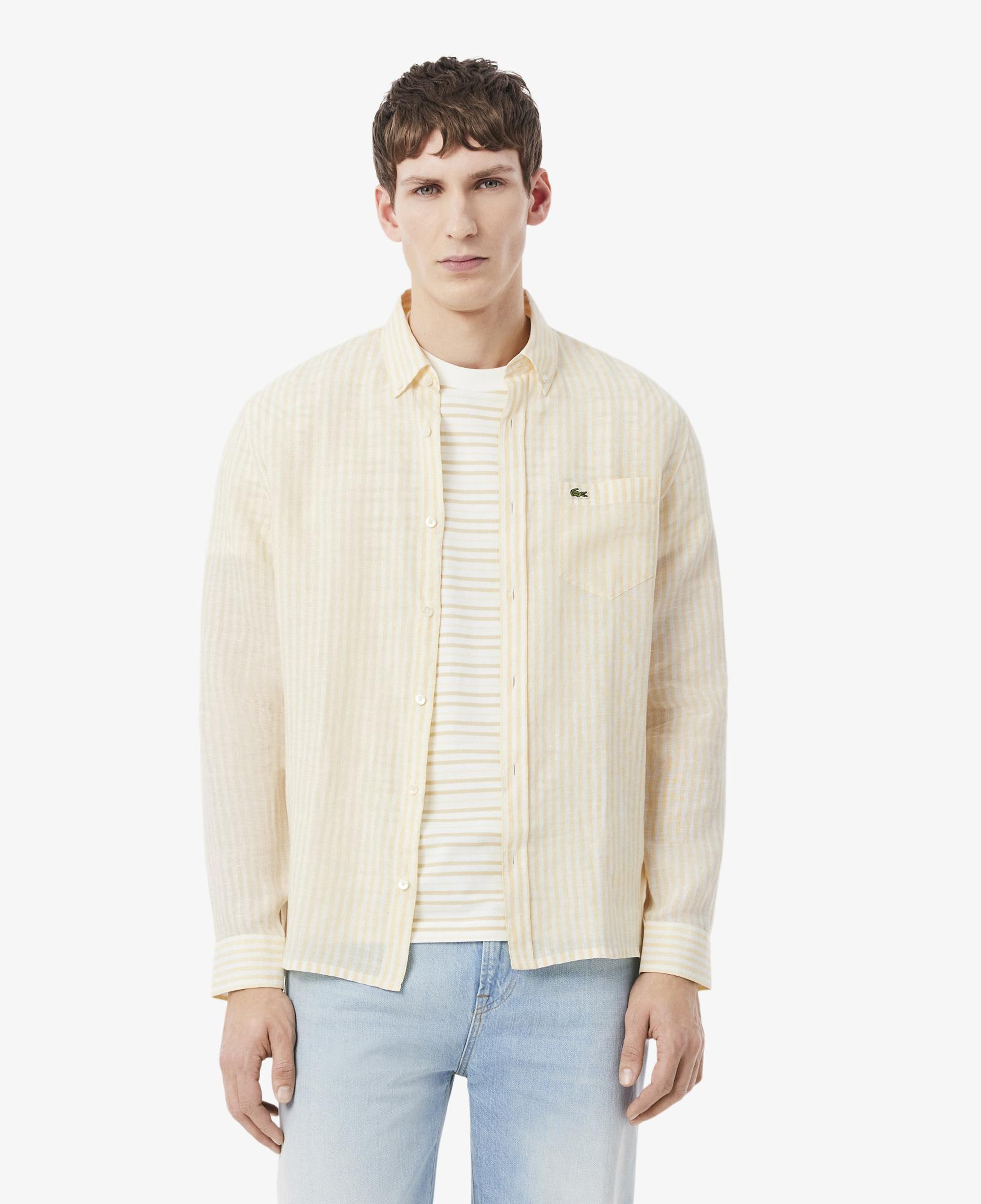 Lacoste Erkek Regular Fit Düğmeli Yaka Çizgili Sarı Gömlek
