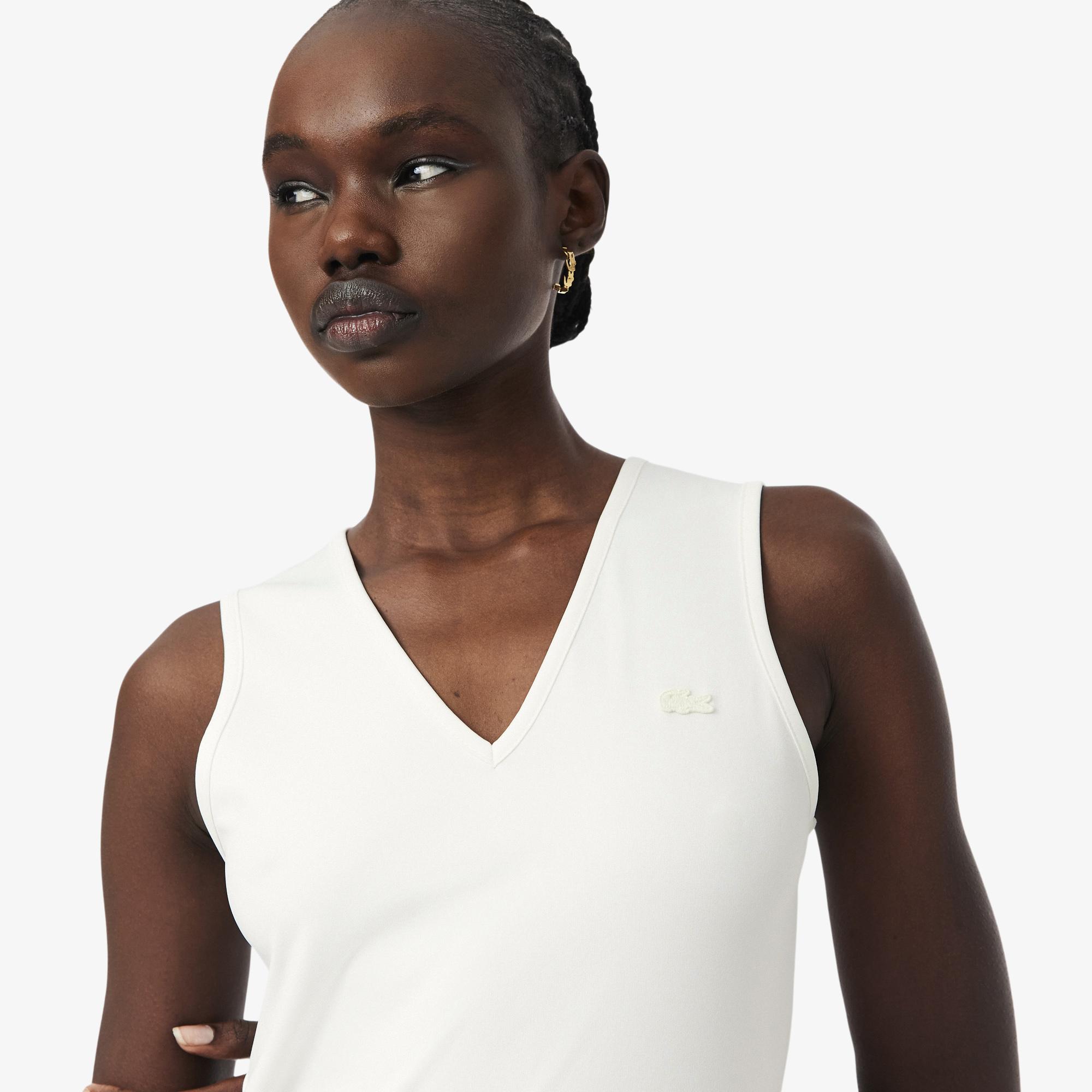 Lacoste Kadın Regular Fit Kolsuz V Yaka Beyaz Elbise